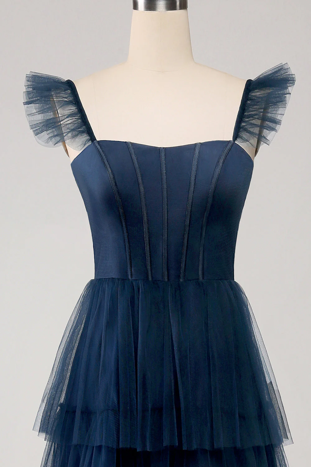 Navy Tulle Navy A Line Tiered Corset Bridesmaid Dress with Slit - JUORTHO