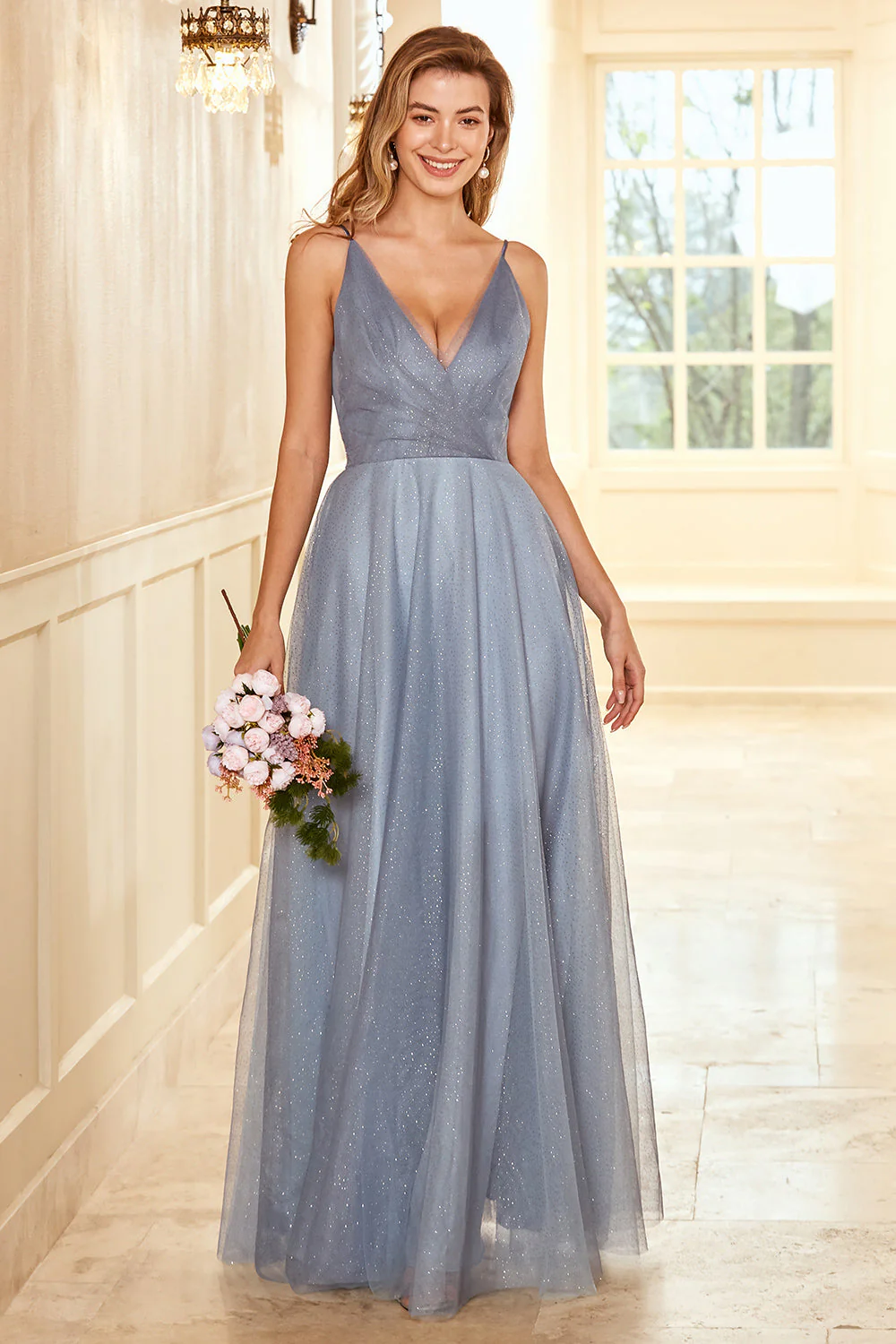 A Line Spaghetti Straps Grey Blue Long Bridesmaid Dress - JUORTHO