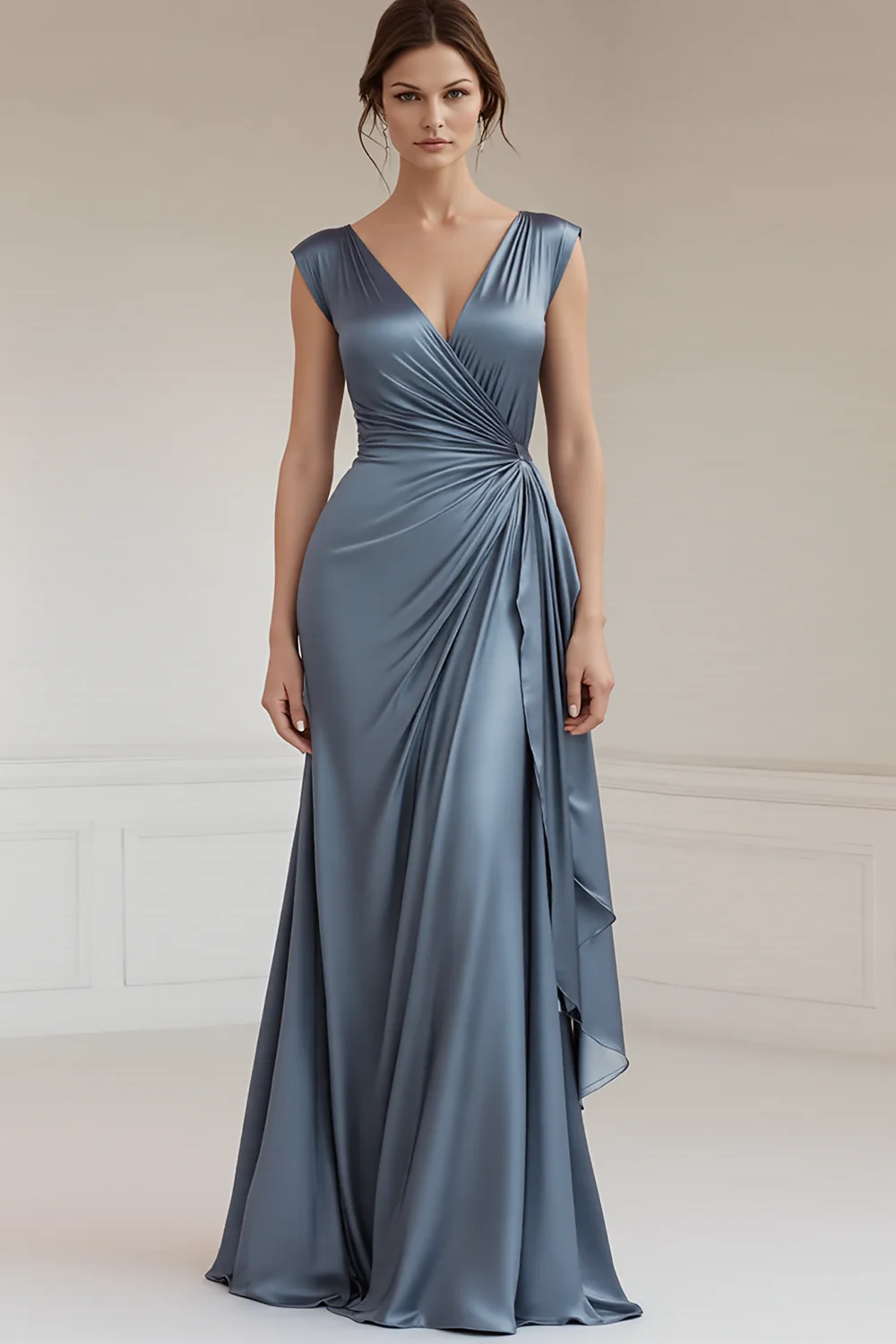 Peacock V-Neck Sheath Ruched Long Formal Dress with Ruffles - JUORTHO