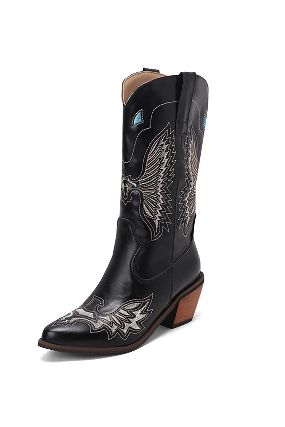 Black Embroidery Mid Calf Chunky Heel Western Boots - JUORTHO