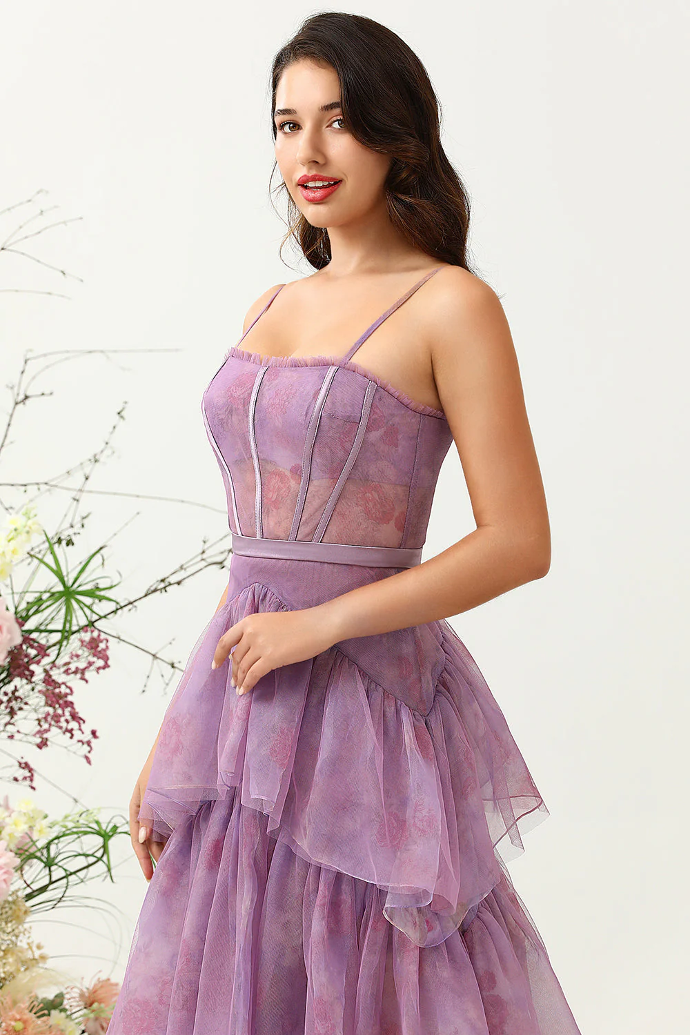 Purple Tulle Spaghetti Straps Corset Bridesmaid Dress - JUORTHO