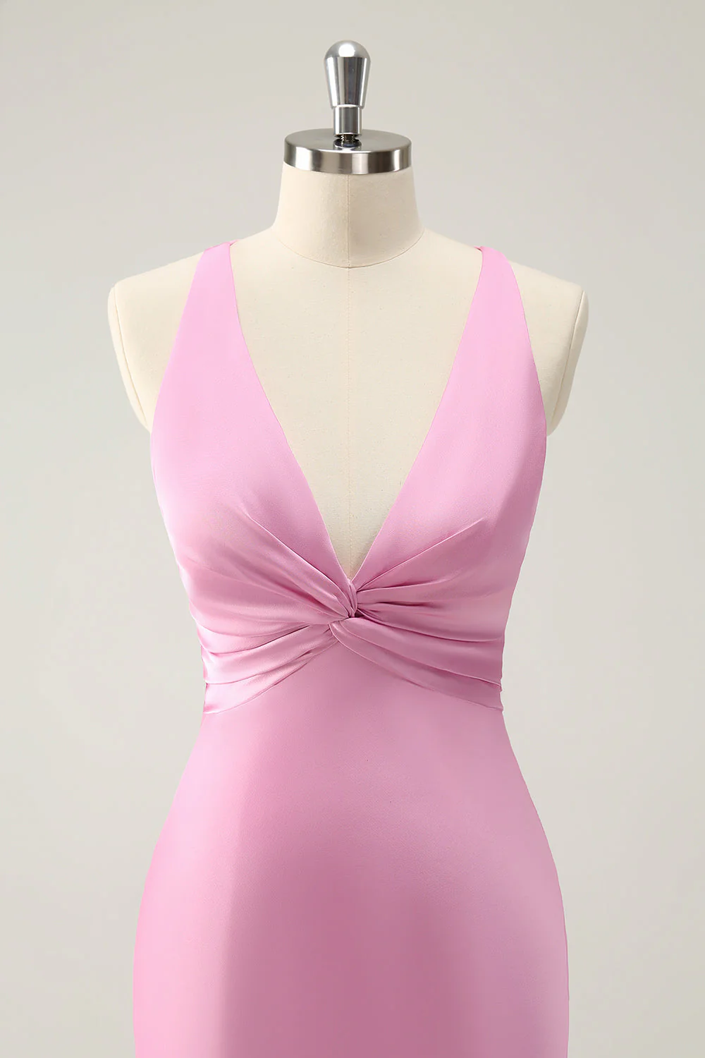 Pink Mermaid V Neck Satin Long Bridesmaid Dress - JUORTHO