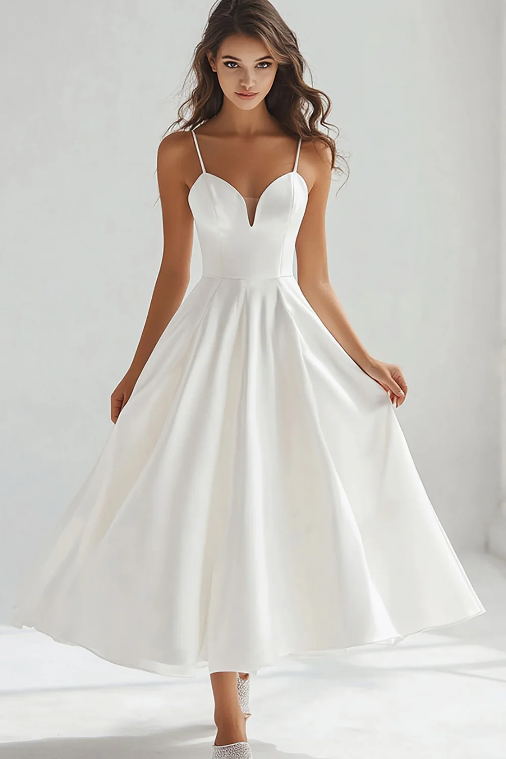 Spaghetti Straps White A Line Tea-Length Graduation Dress - JUORTHO