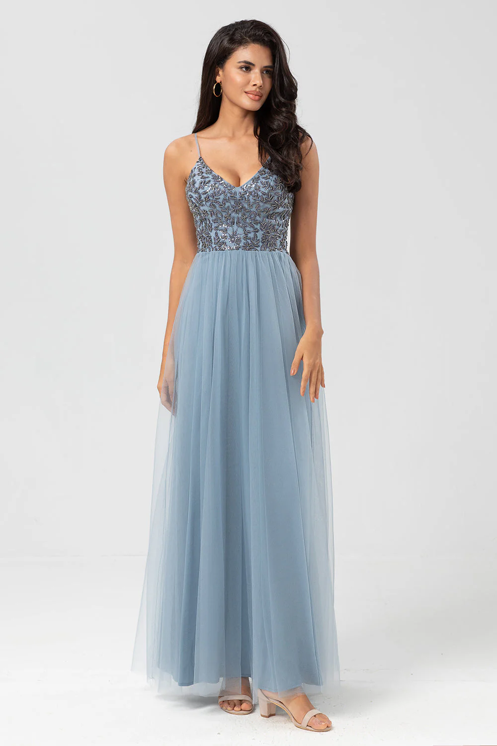 Chic Romantic A Line Spaghetti Straps Dusty Blue Long Bridesmaid Dress with Beading - JUORTHO