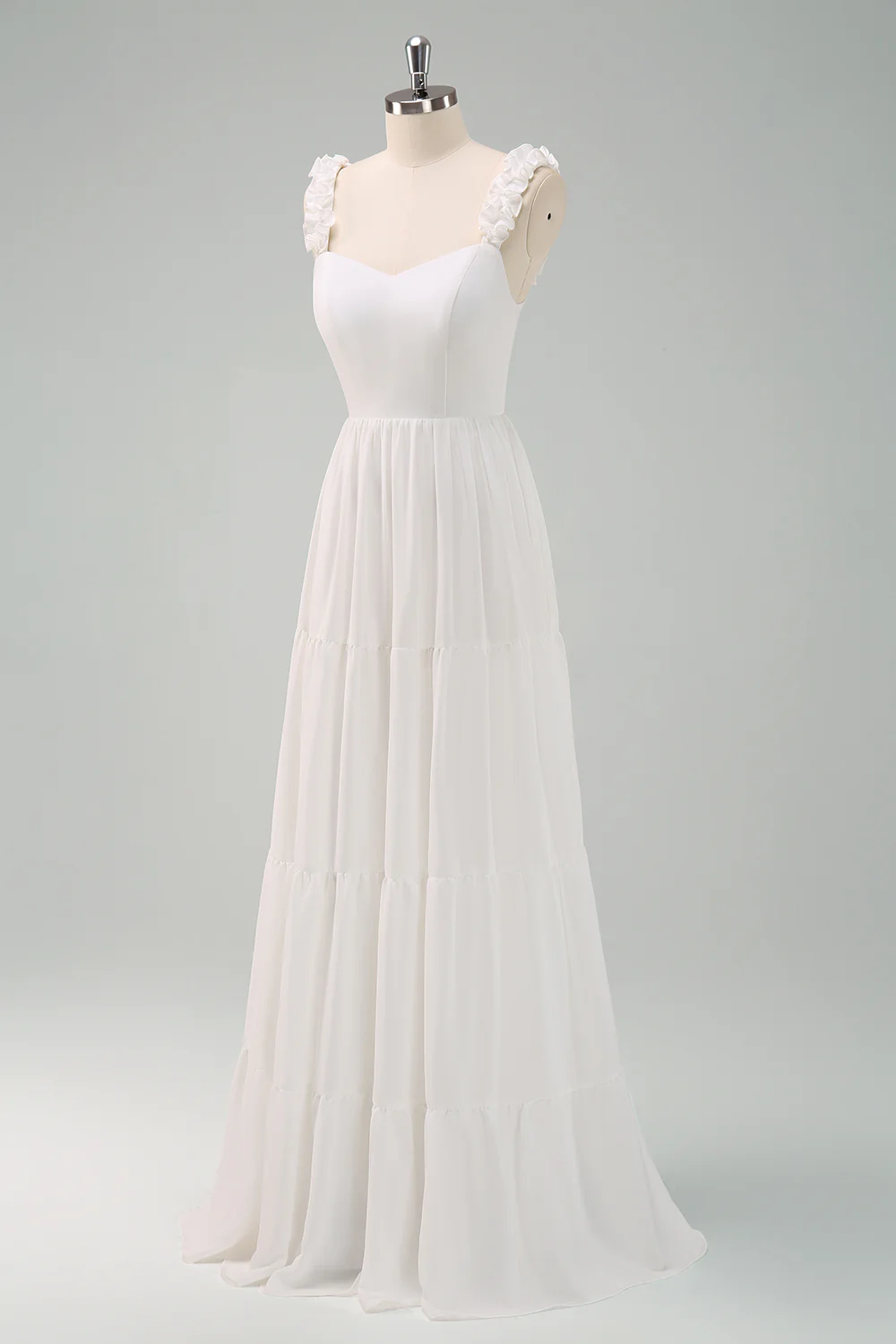 White A Line Ruffled Bride Dress with Bow - JUORTHO