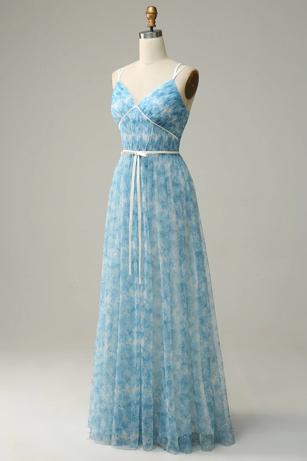 Blue Printed A-Line Tulle Long Bridesmaid Dress - JUORTHO