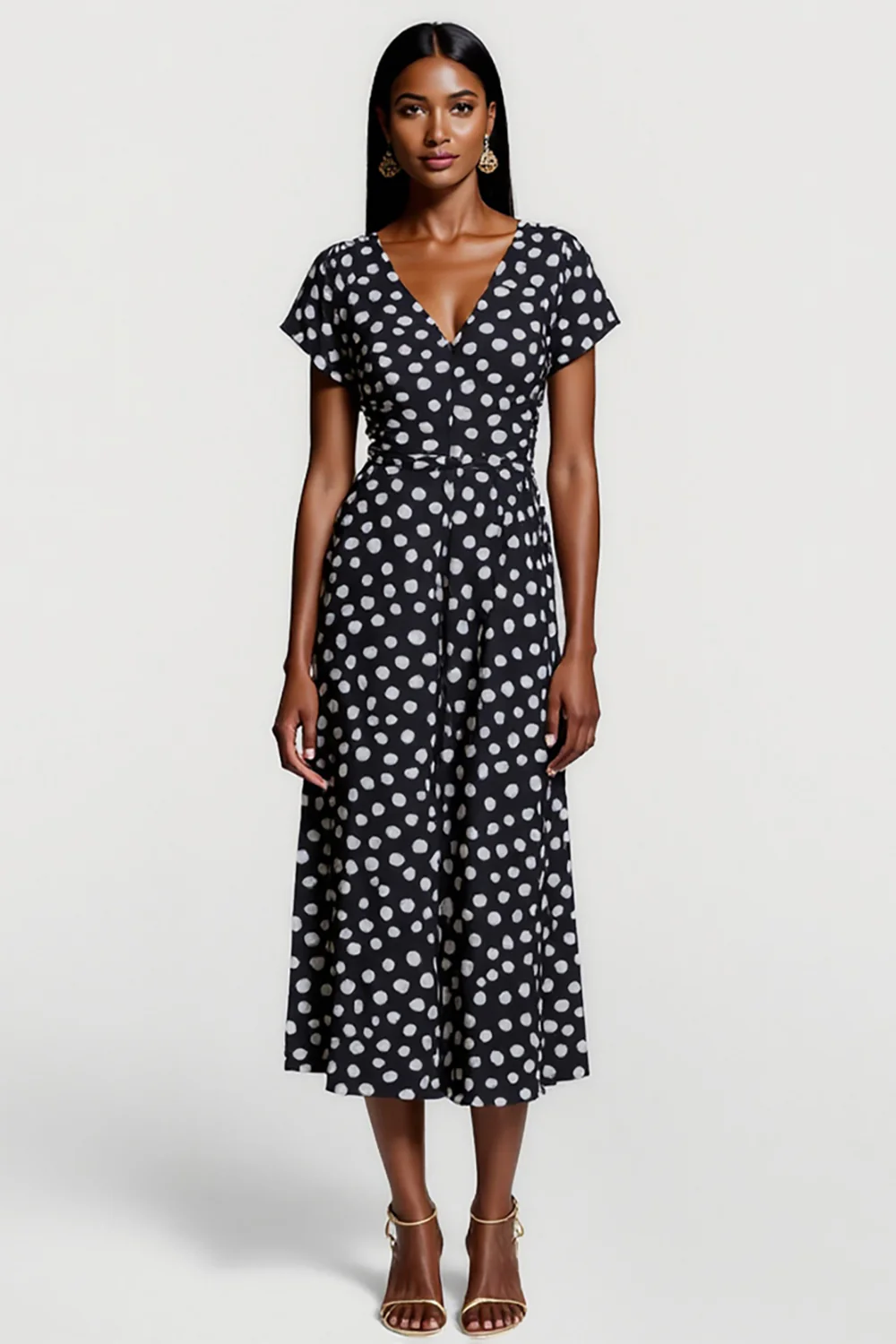 Black and White Polka Dots V-Neck Short Sleeves Maxi Work Dress - JUORTHO