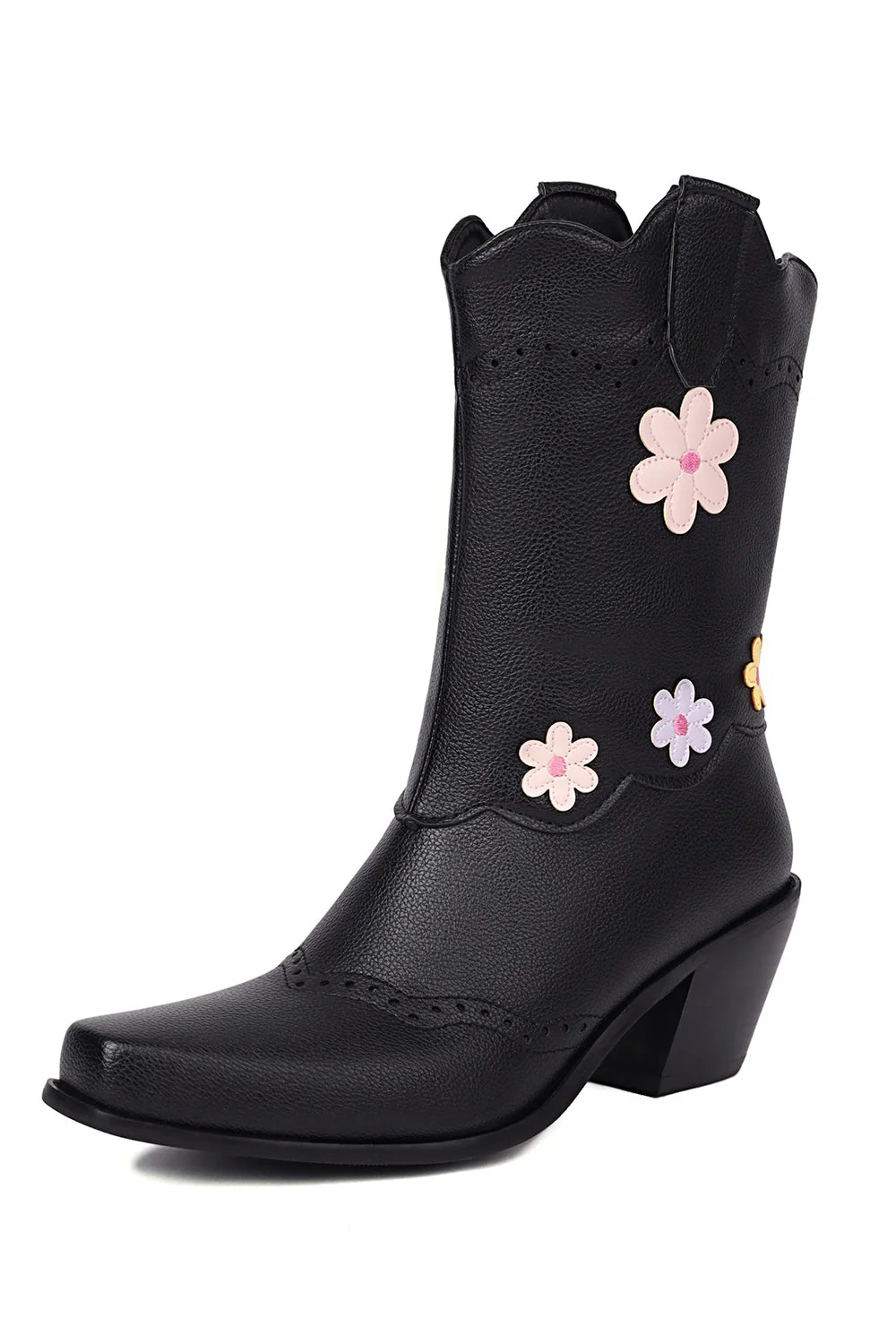 Black Mid Calf Chunky Heel Cowgirl Boots - JUORTHO