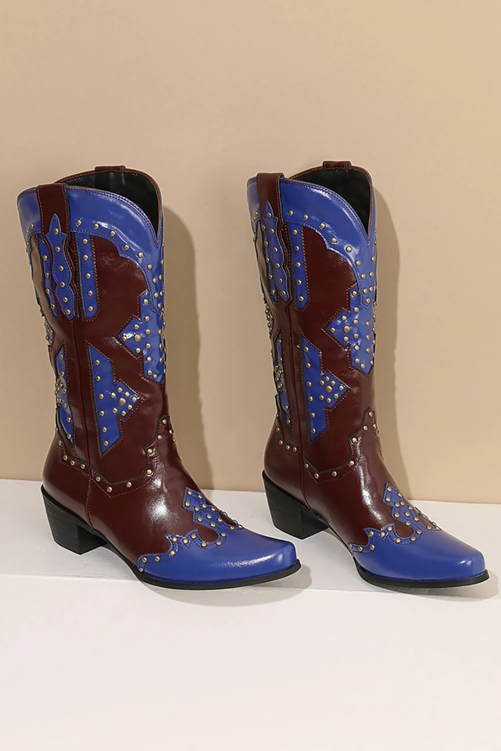 Women's Embroidered Blue Pointed Toe Calf High Cowgirl Boots - JUORTHO