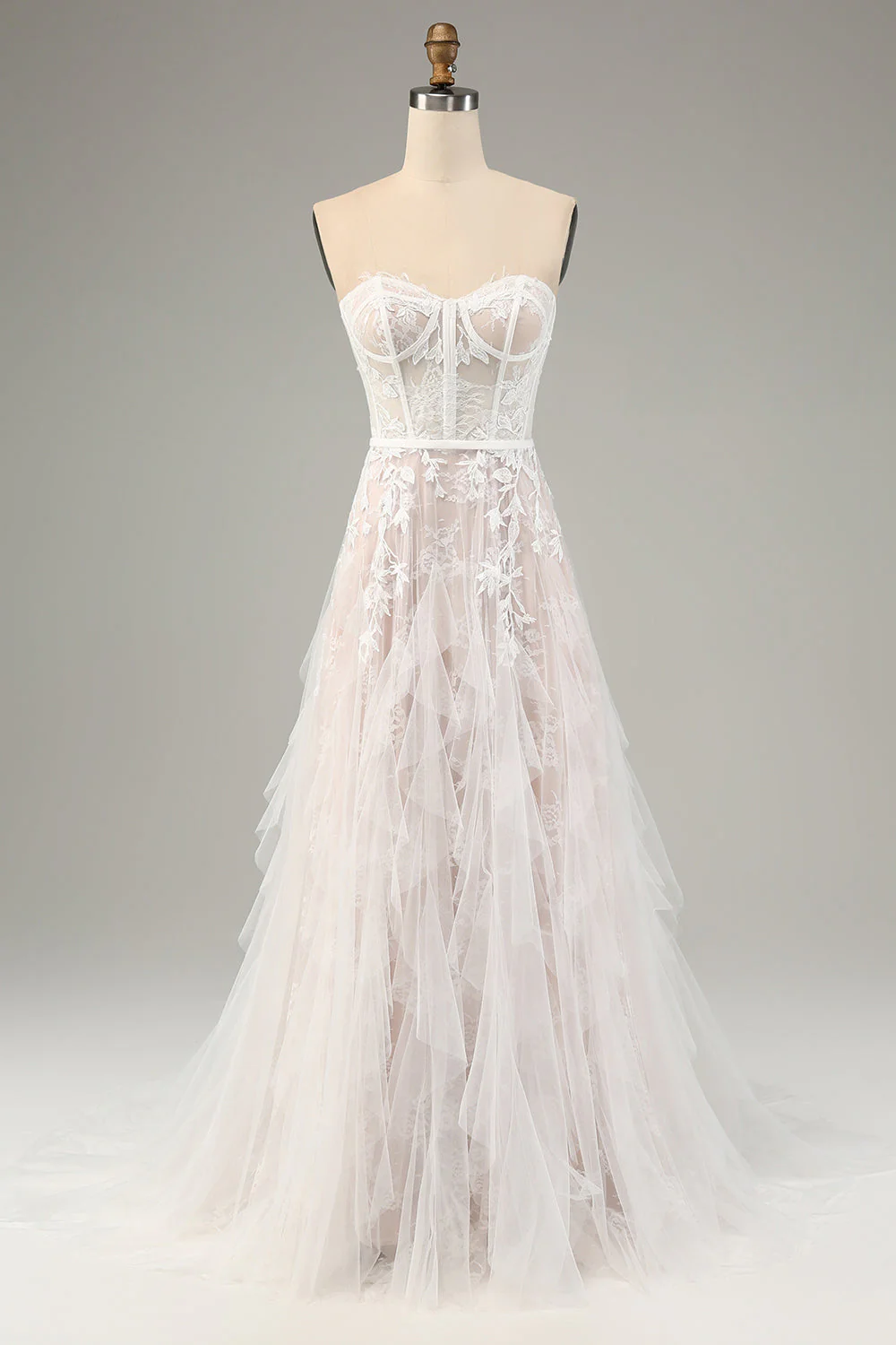 White A Line Strapless Corset Wedding Dress with Applique Lace - JUORTHO