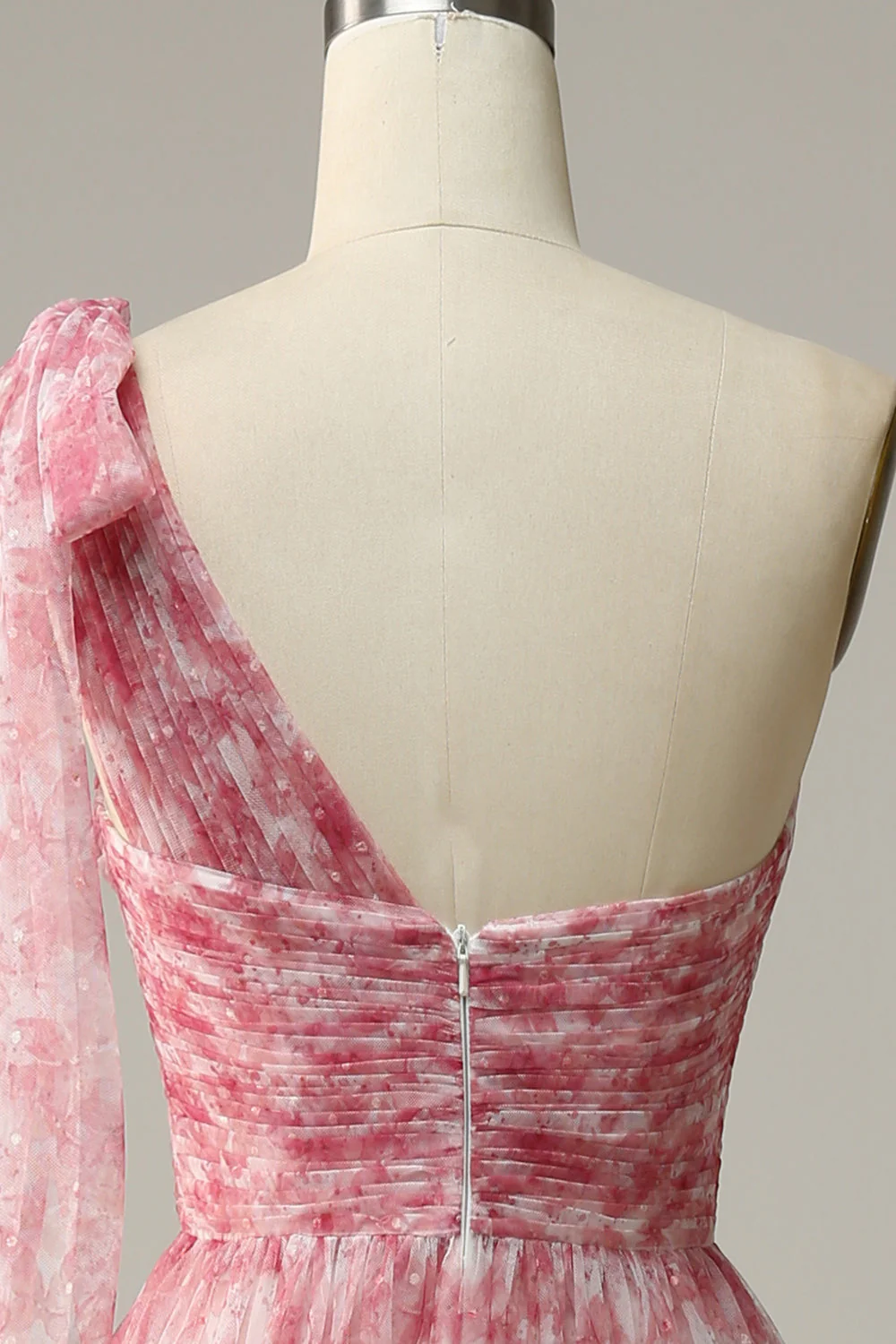 Red A Line One Shoulder Print Long Tulle Bridesmaid Dress - JUORTHO