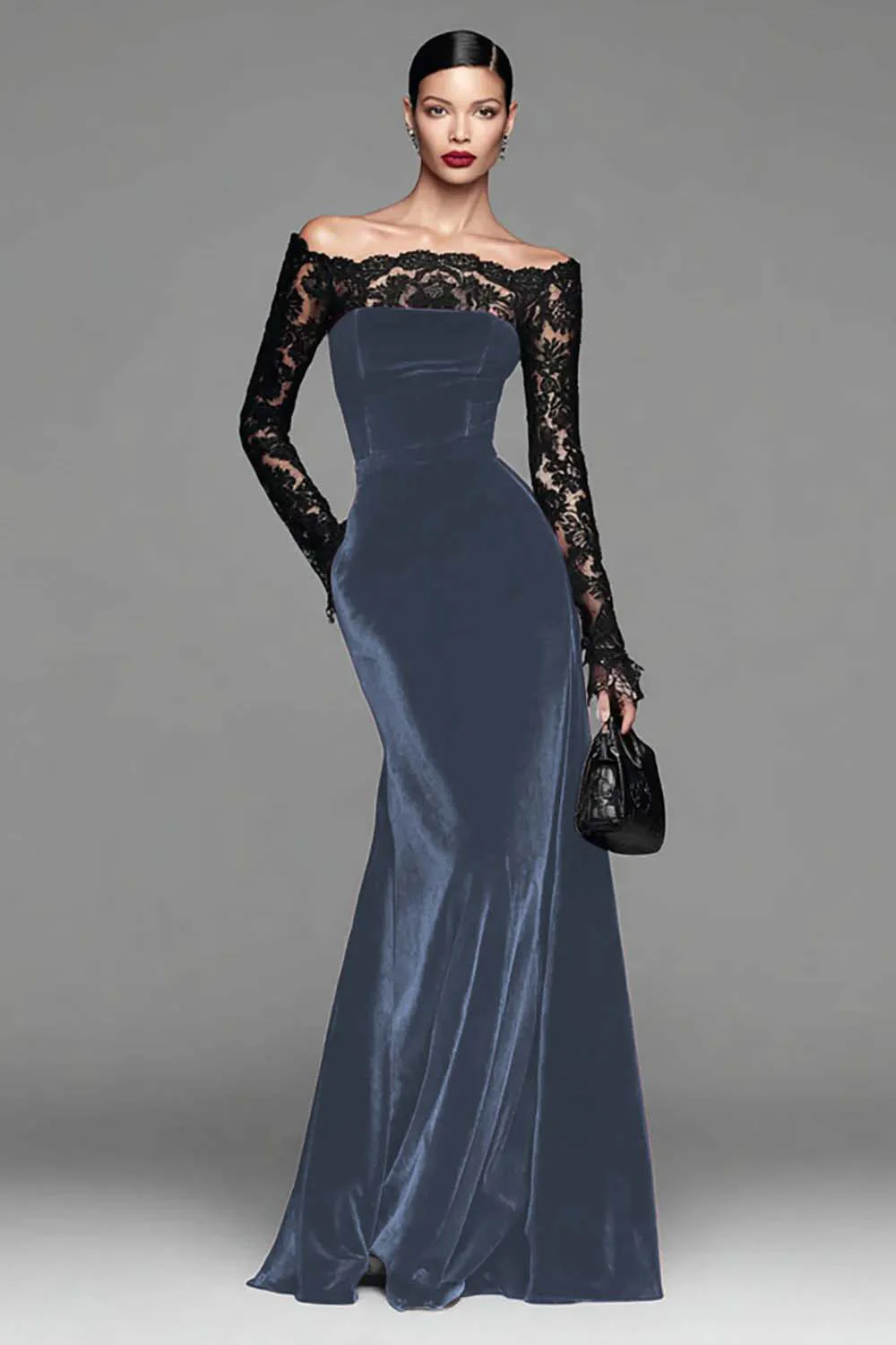 Burgundy Velvet Mermaid Long Sleeves Holiday Party Dress with Lace - JUORTHO