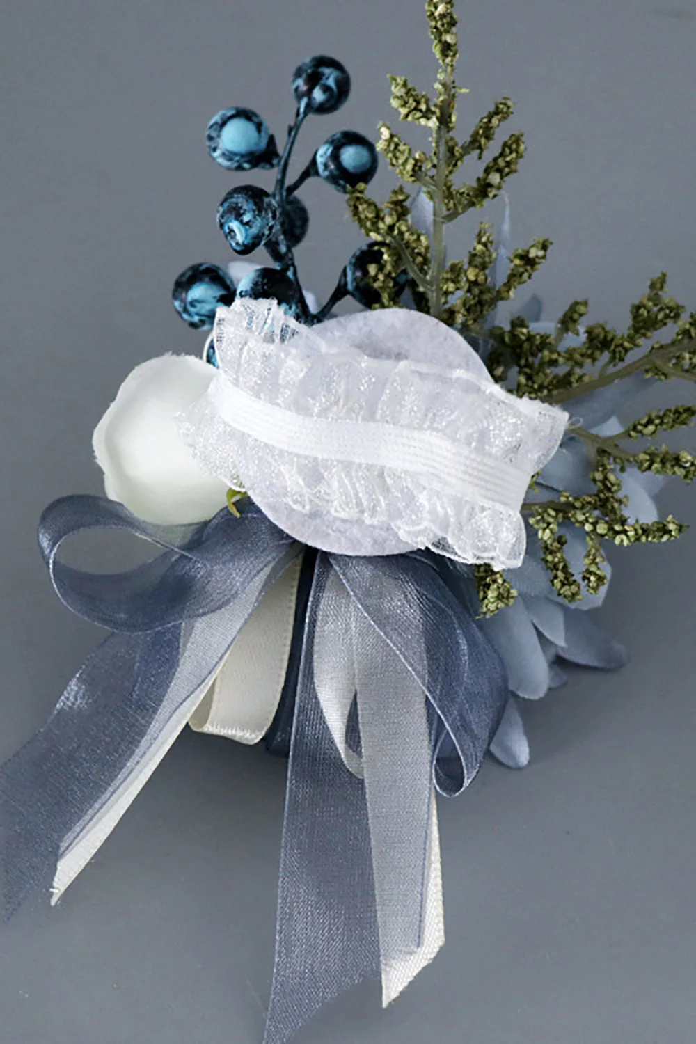 Grey Blue Wrist Corsage and Men Boutonniere Set for Prom Wedding Party - JUORTHO
