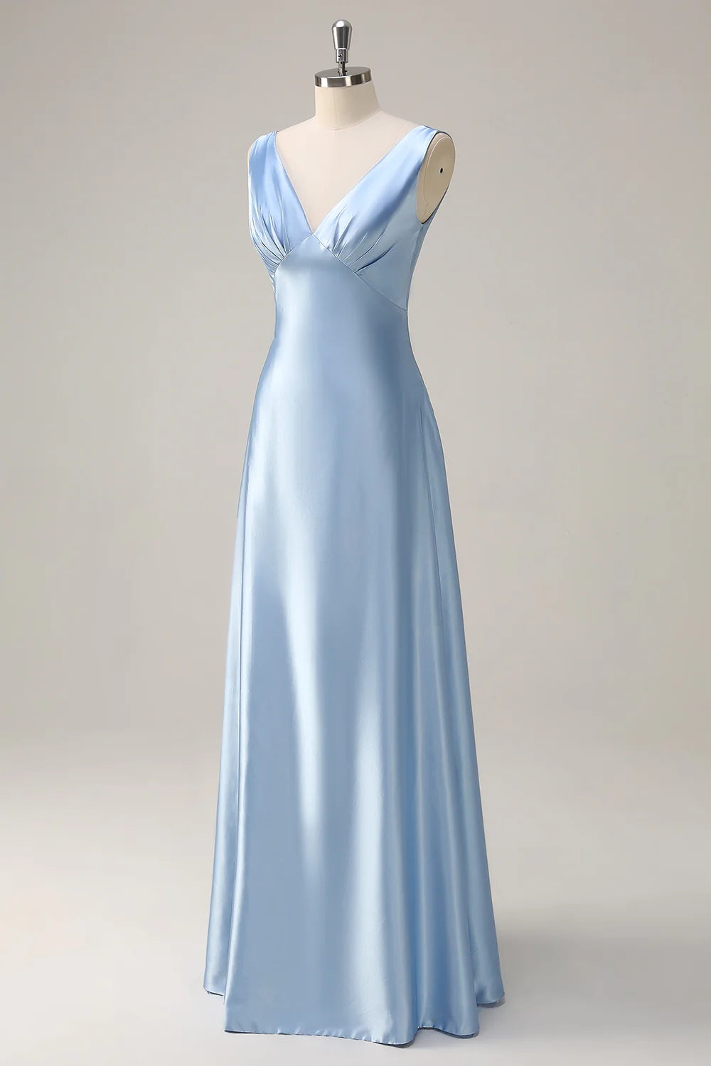 Sky Blue V-Neck A-Line Satin Long Bridesmaid Dress - JUORTHO