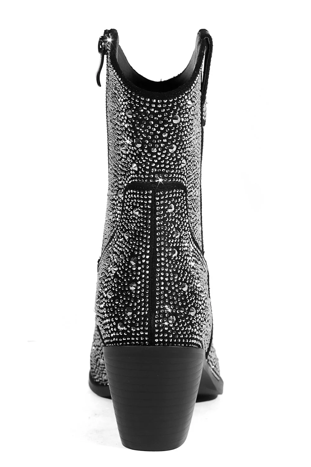 Black Rhinestone Contrast Color Western Ankle Boots - JUORTHO