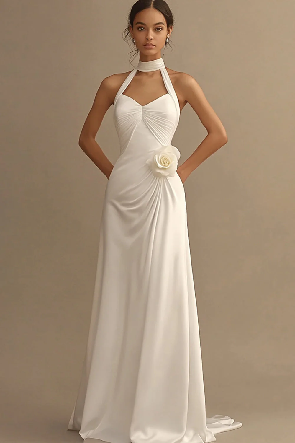 White A Line Chiffon Long Rehearsal Dinner Dress with 3D Flower - JUORTHO