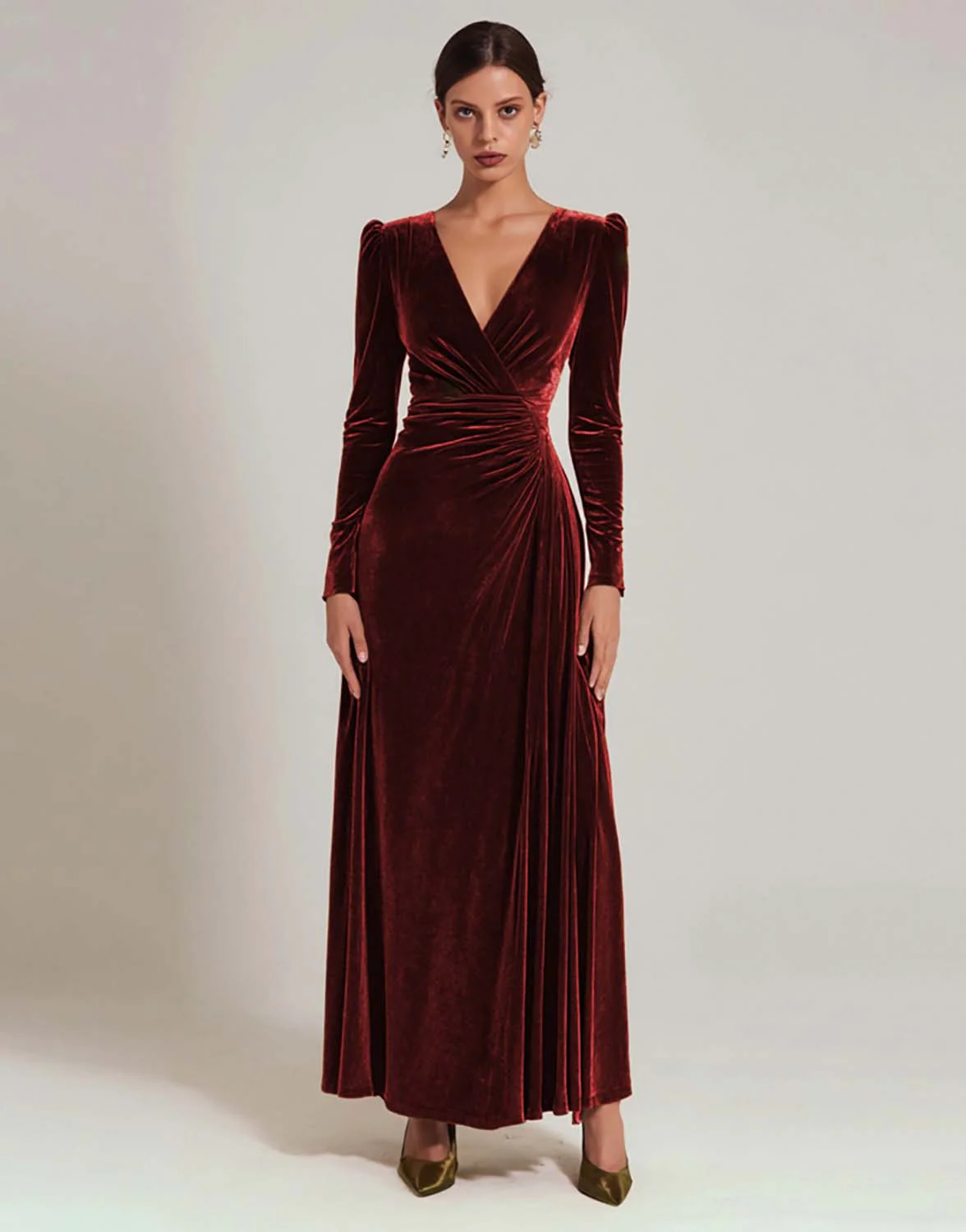 Olive Velvet A Line V-Neck Long Holiday Party Dress with Sleeves - JUORTHO