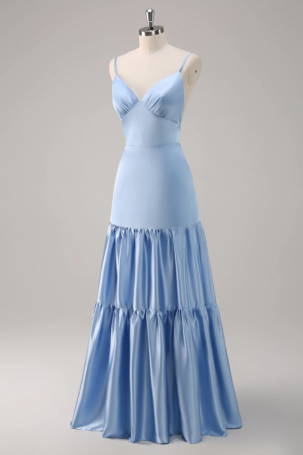 Sky Blue A-Line Spaghetti Straps Satin Long Bridesmaid Dress - JUORTHO