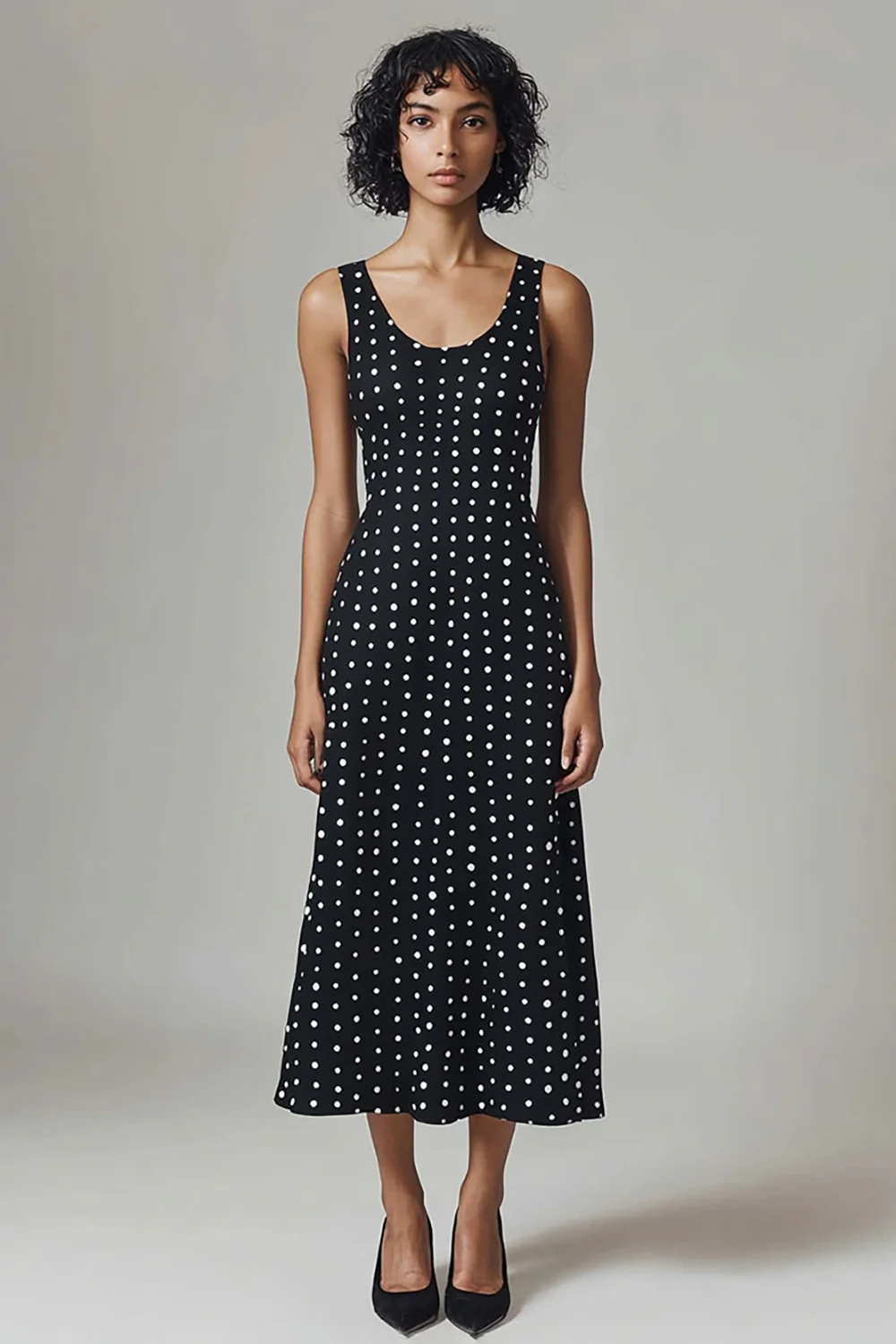 Black and White Chiffon Scoop Neck Maxi A Line Polka Dot Dress - JUORTHO