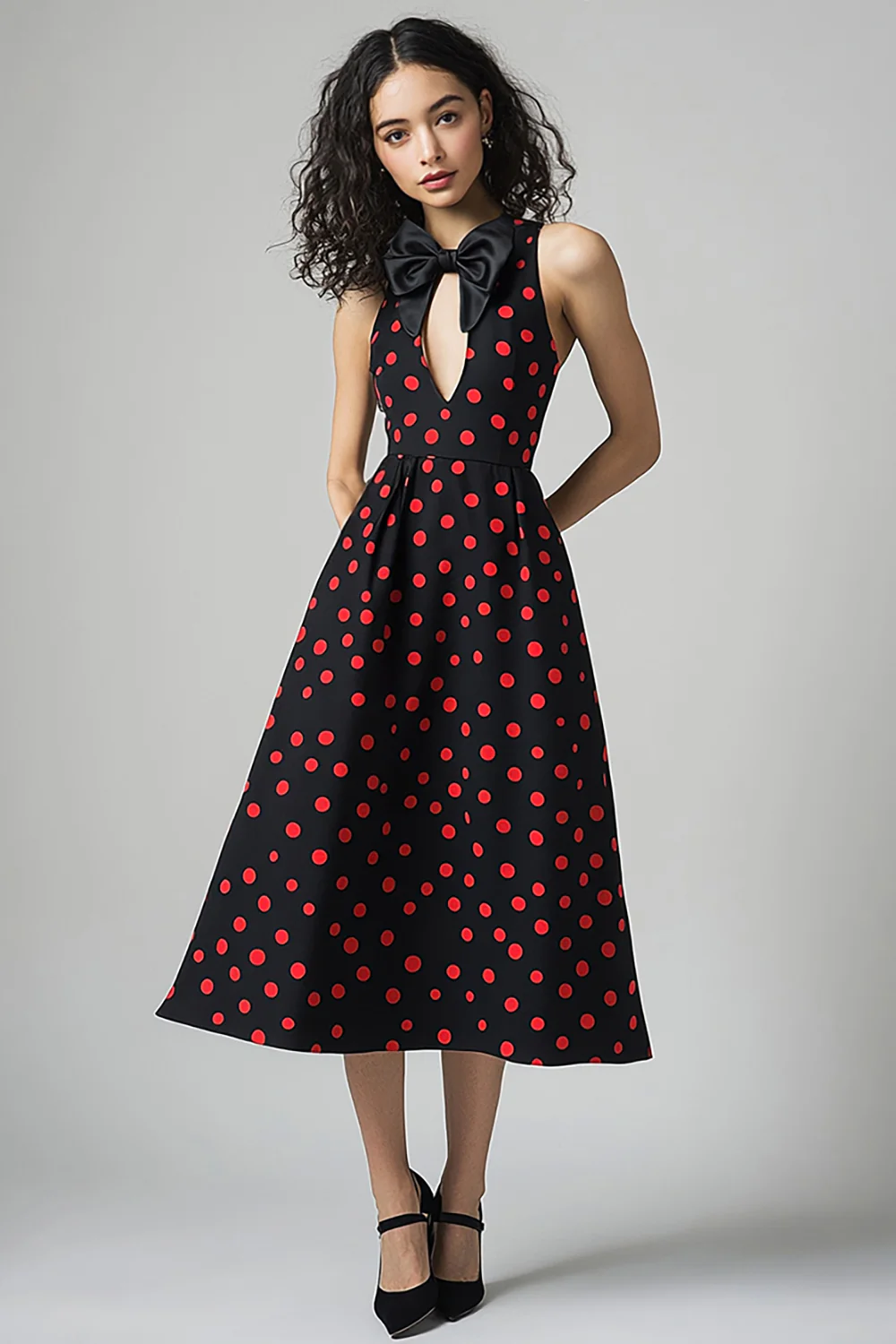 Satin Black and Red A Line Midi Polka Dot Dress with Bow - JUORTHO