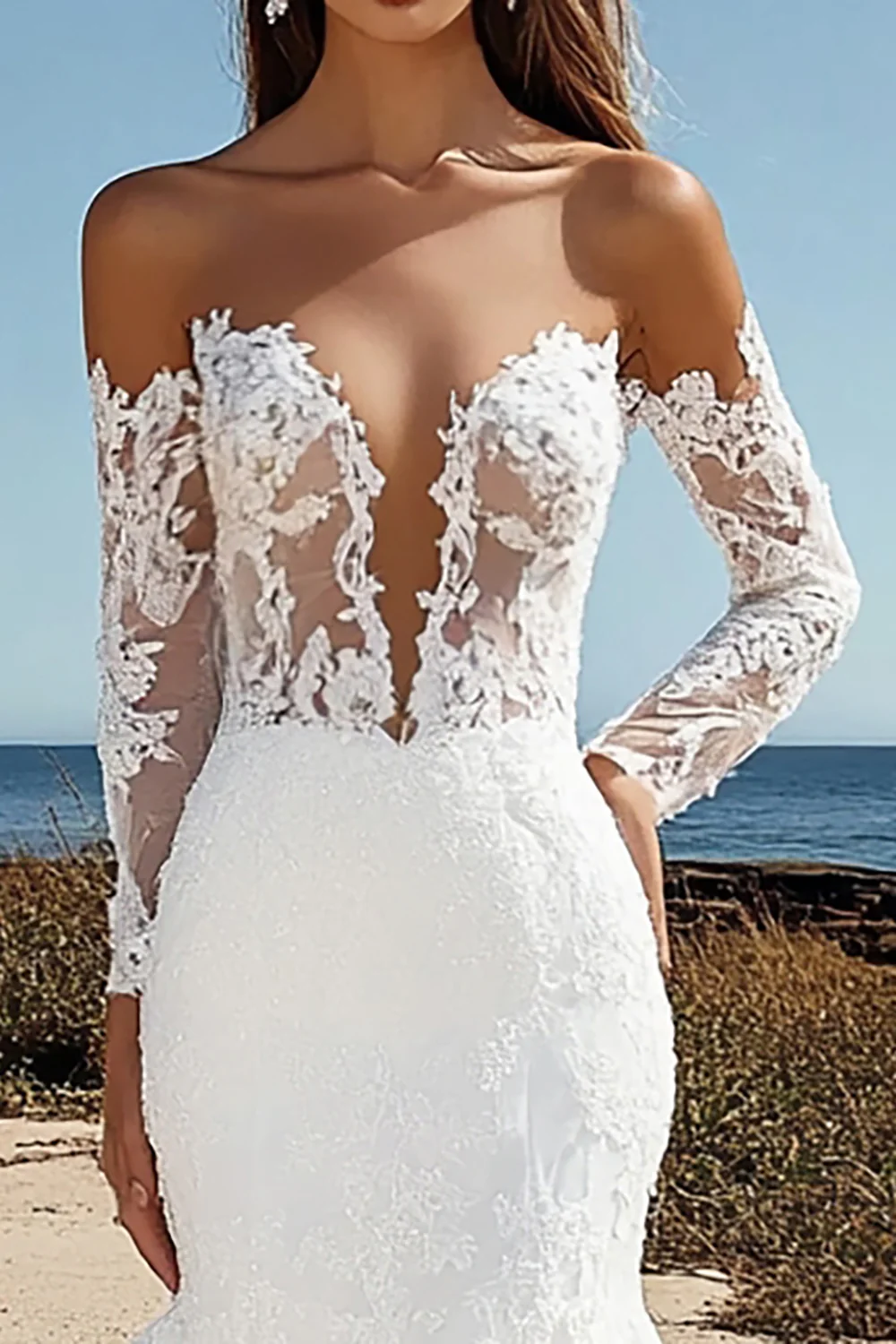 Lace Tulle Ivory Off the Shoulder Mermaid Wedding Dress - JUORTHO