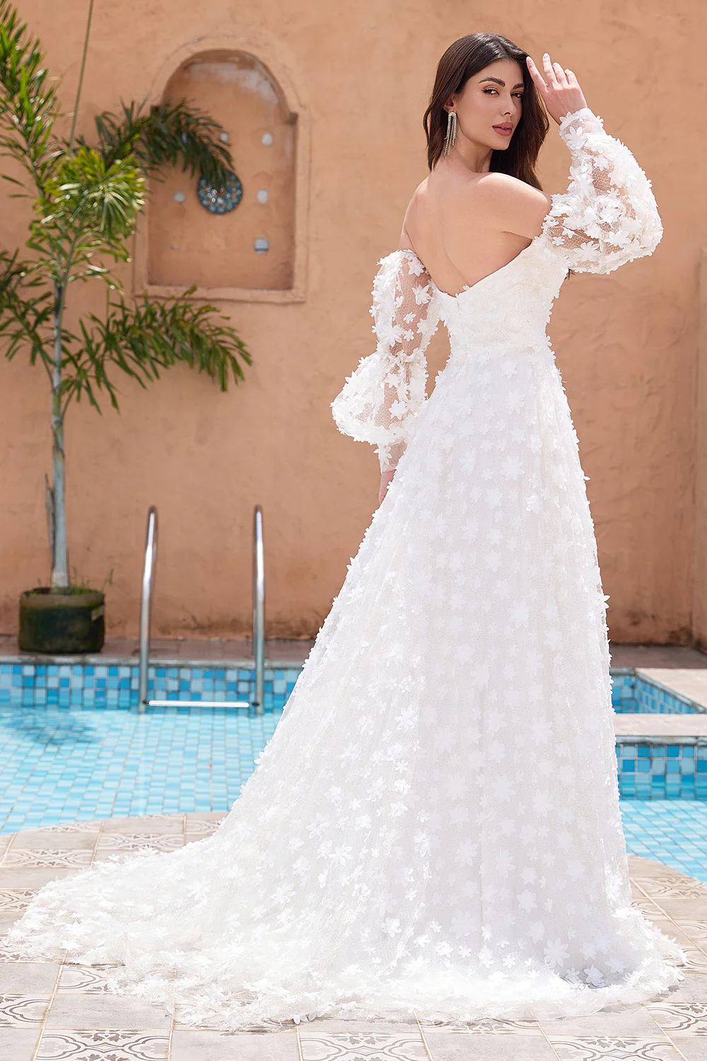 White A Line Strapless Applique Lace Wedding Dress with Detachable Sleeves - JUORTHO