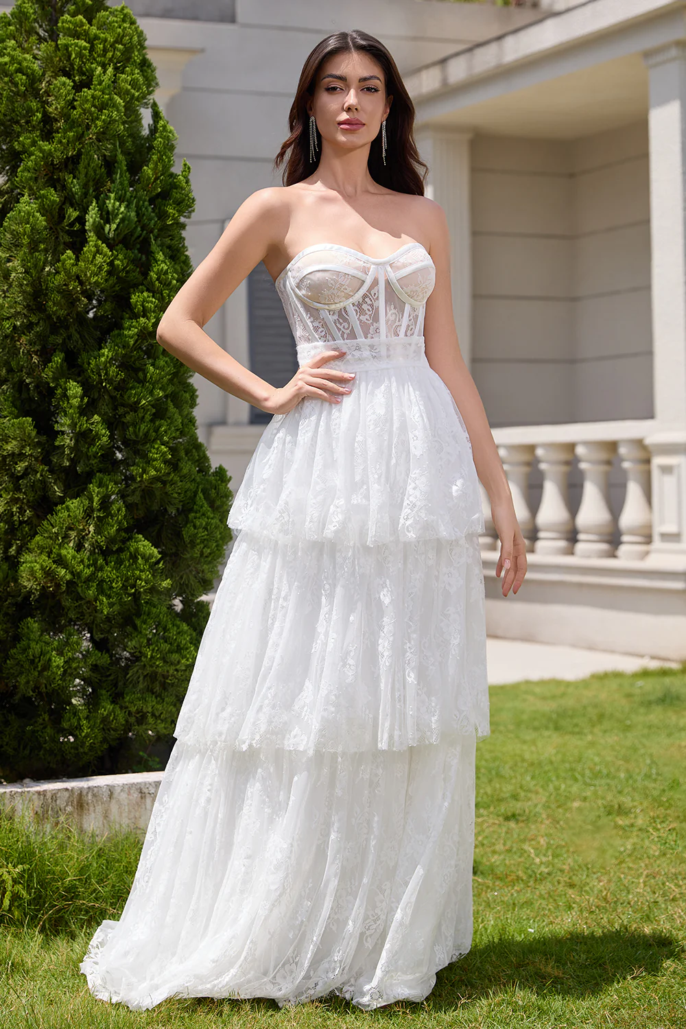 White Strapless A Line Corset Tiered Long Wedding Dress - JUORTHO