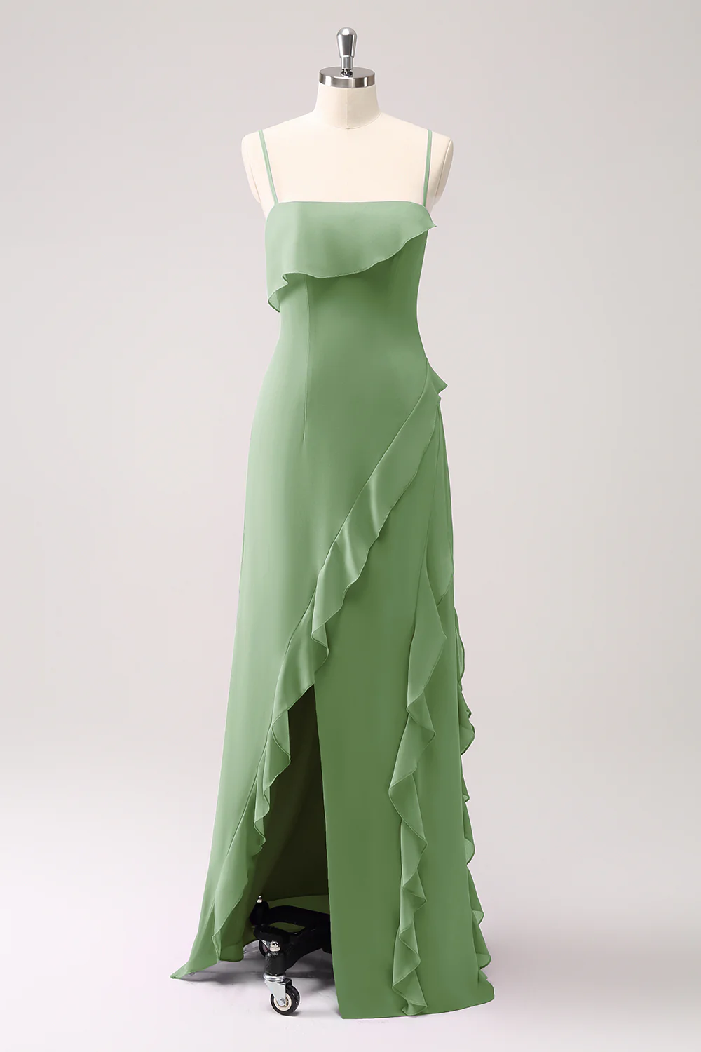 Tahiti Spaghetti Straps Chiffon Ruffled Long Bridesmaid Dress with Slit - JUORTHO