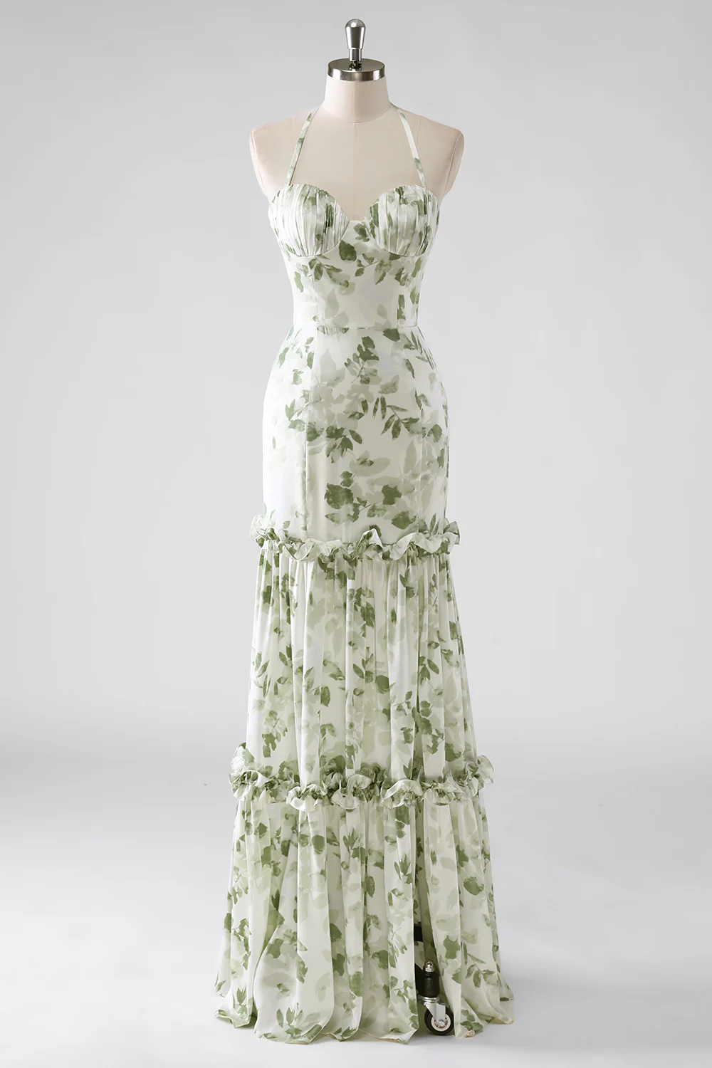 Green Floral Mermaid Halter Long Bridesmaid Dress with Slit - JUORTHO