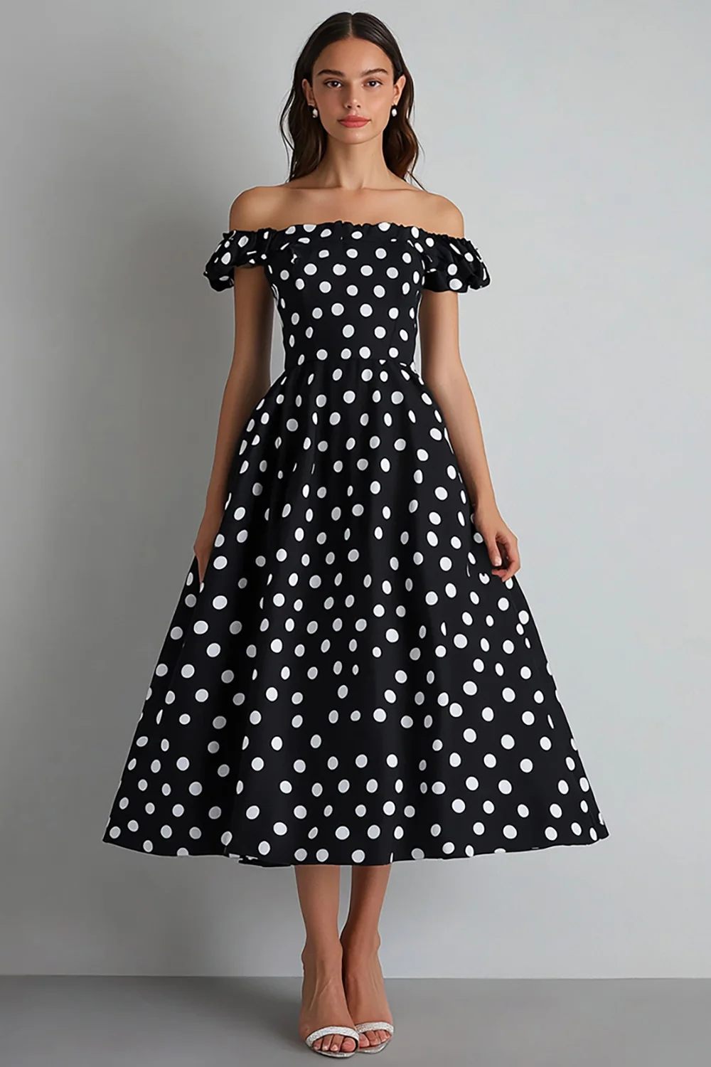 Off the Shoulder A Line Black and White Maxi Satin Polka Dot Dress - JUORTHO