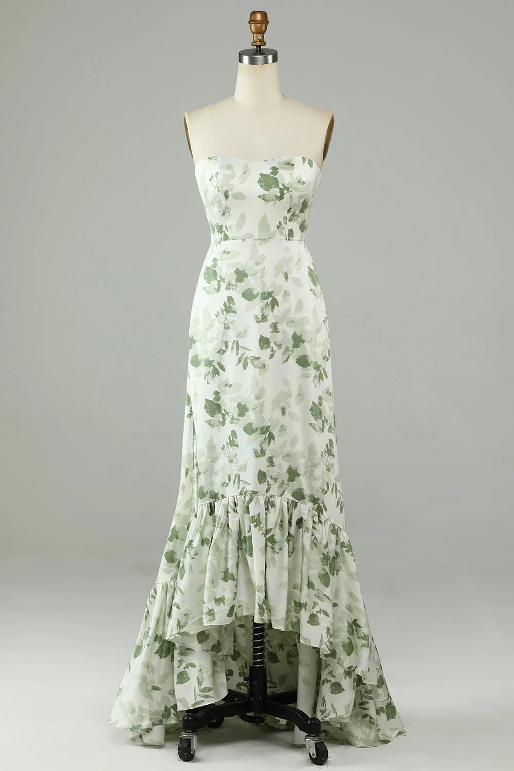 Asymmetrical Strapless Printed Green Long Bridesmaid Dress - JUORTHO