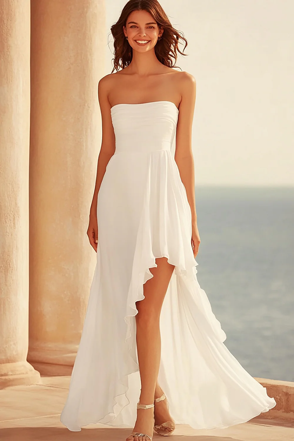 Asymmetrical Strapless White Ruched Graduation Dress - JUORTHO