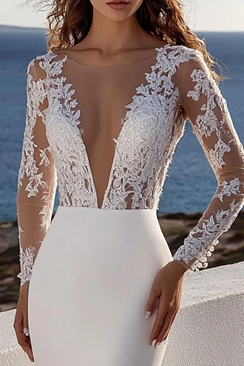 Mermaid Ivory Lace Sweep Train Deep V-Neck Wedding Dress - JUORTHO