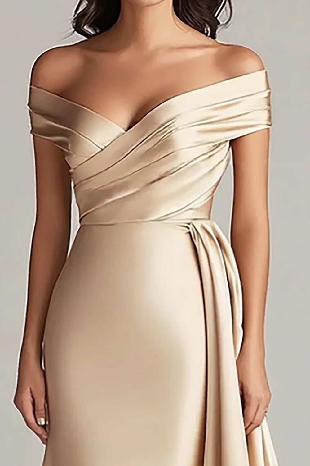 Champagne Satin Off the Shoulder Mermaid Long Formal Dress - JUORTHO