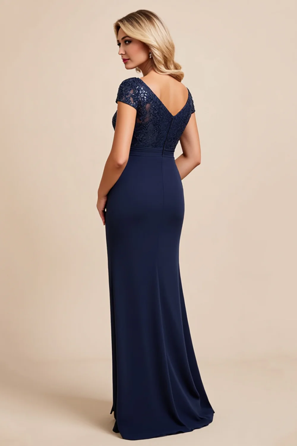 Sparkly Navy Sheath Cap Sleeves Long Mother of the Bride Dress with Slit - JUORTHO