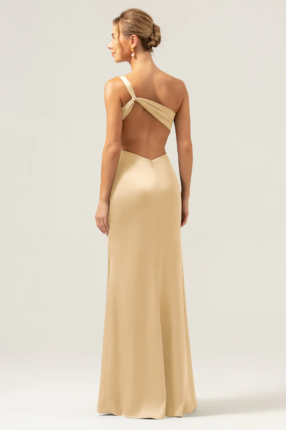 Olive One Shoulder Mermaid Satin Long Bridesmaid Dress with Slit - JUORTHO