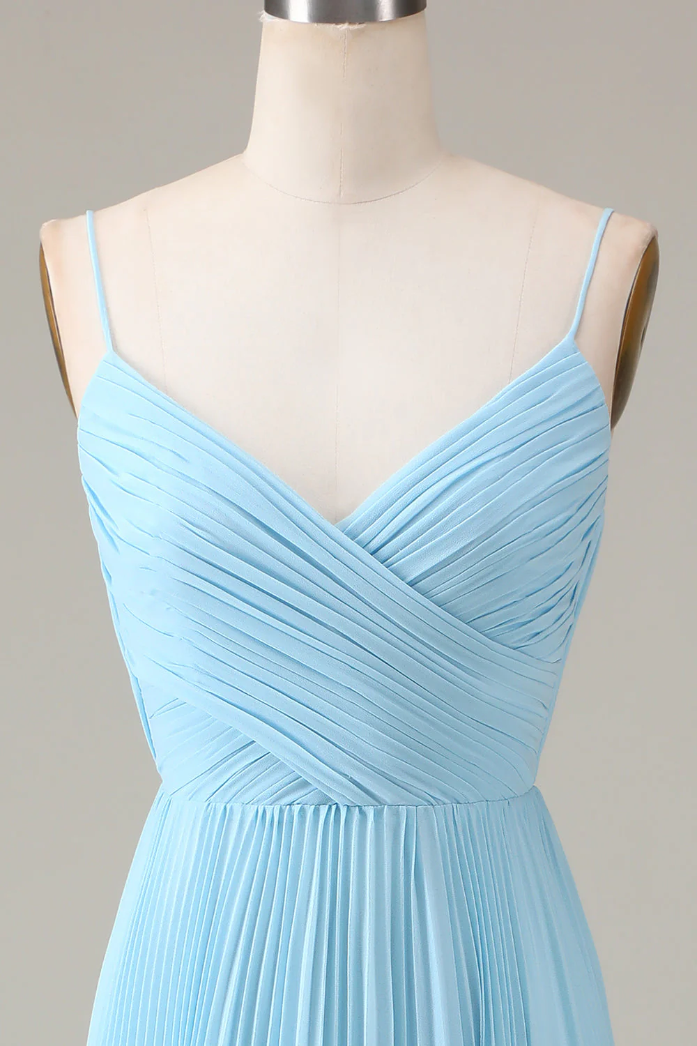 Sky Blue Spaghetti Straps V-neck A-line Pleated Chiffon Bridesmaid Dress - JUORTHO