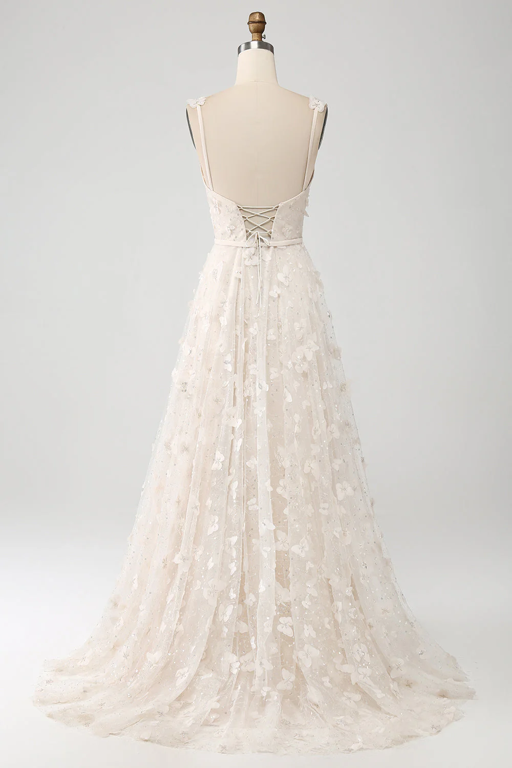 Apricot A Line Spaghetti Straps Appliques Long Wdding Dress with Slit - JUORTHO