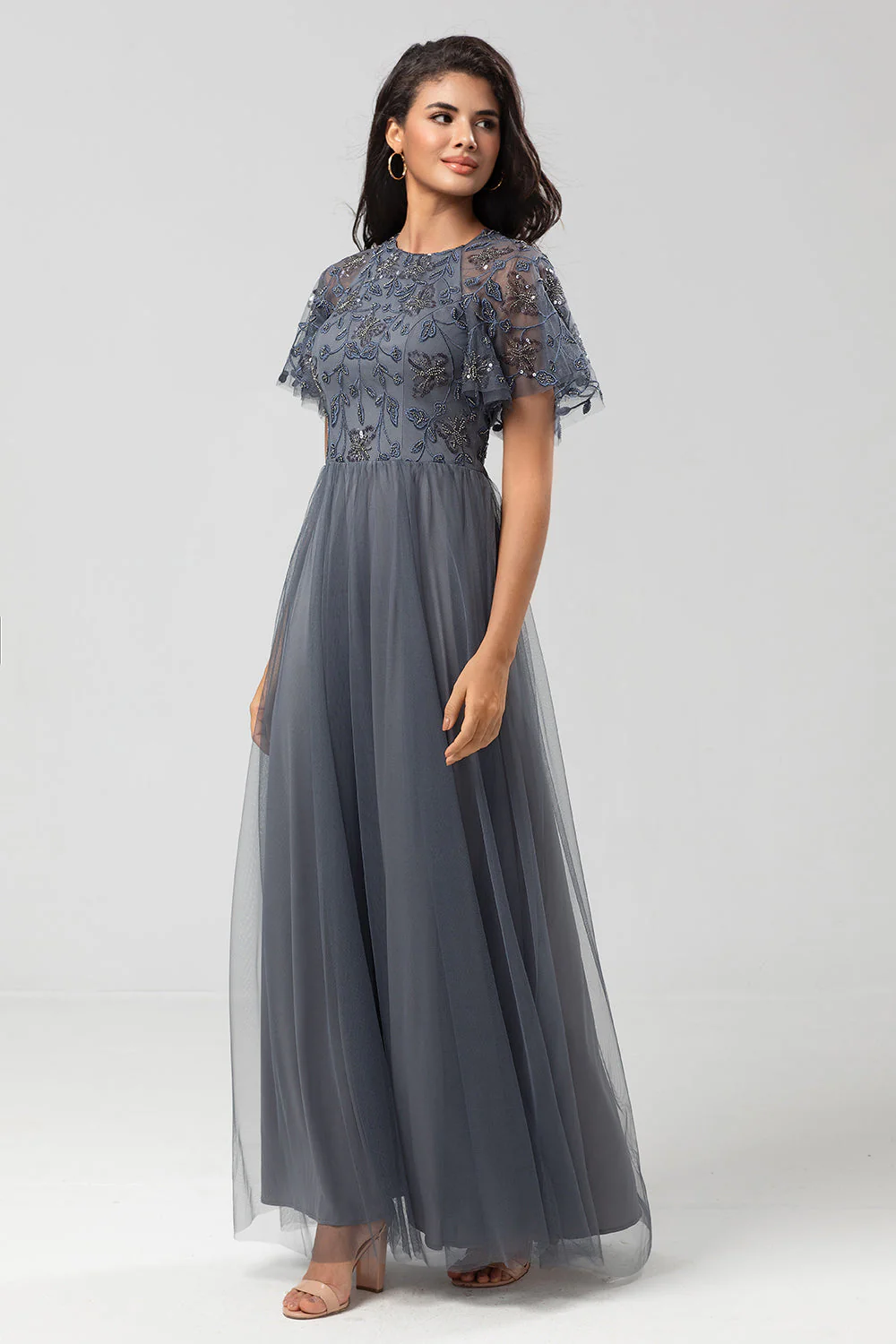 Classic Elegance A-Line Jewel Neck Grey Long Mother Dress with Short Sleeves - JUORTHO