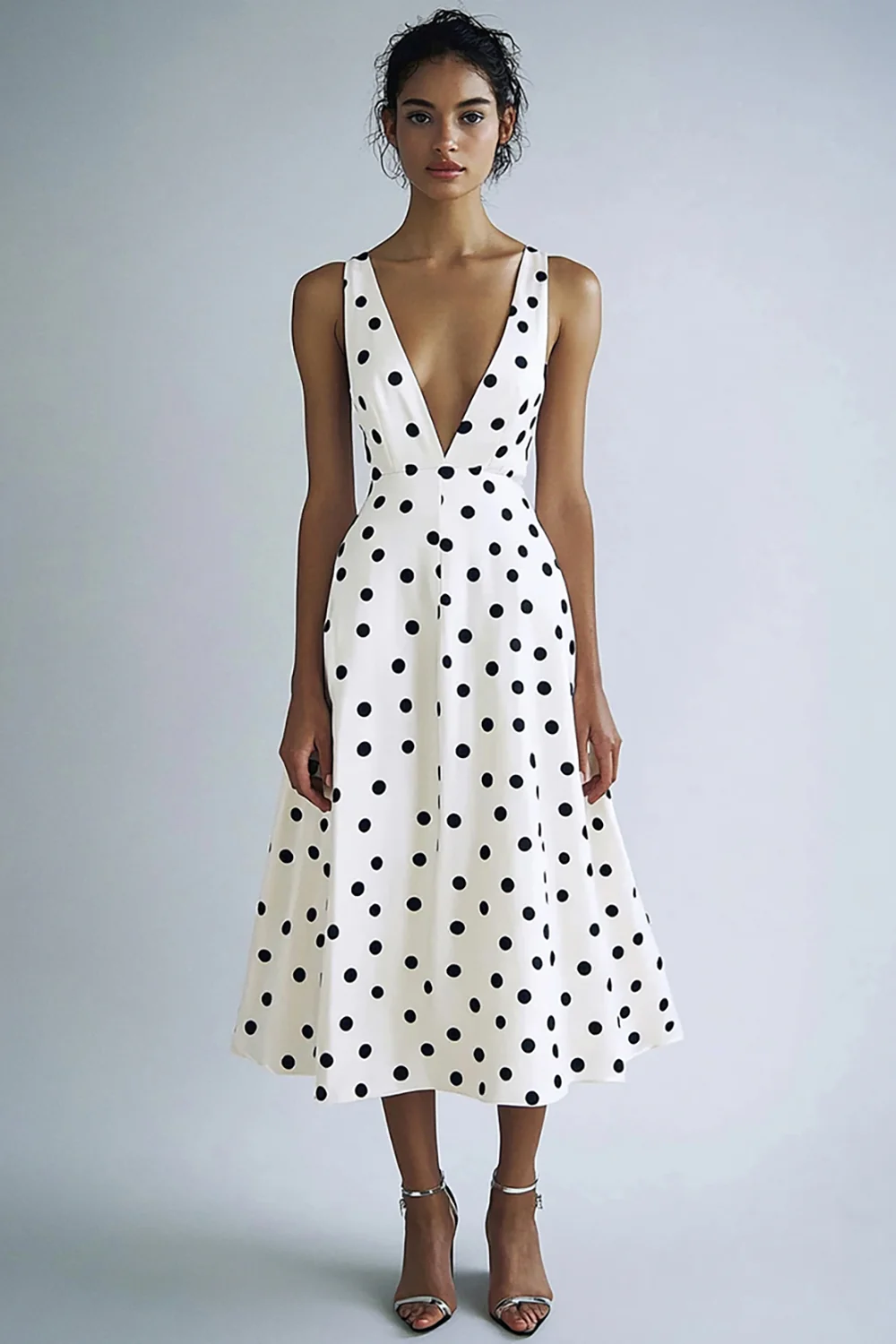 Satin Black and White Deep V-Neck A Line Boho Maxi Polka Dot Dress - JUORTHO