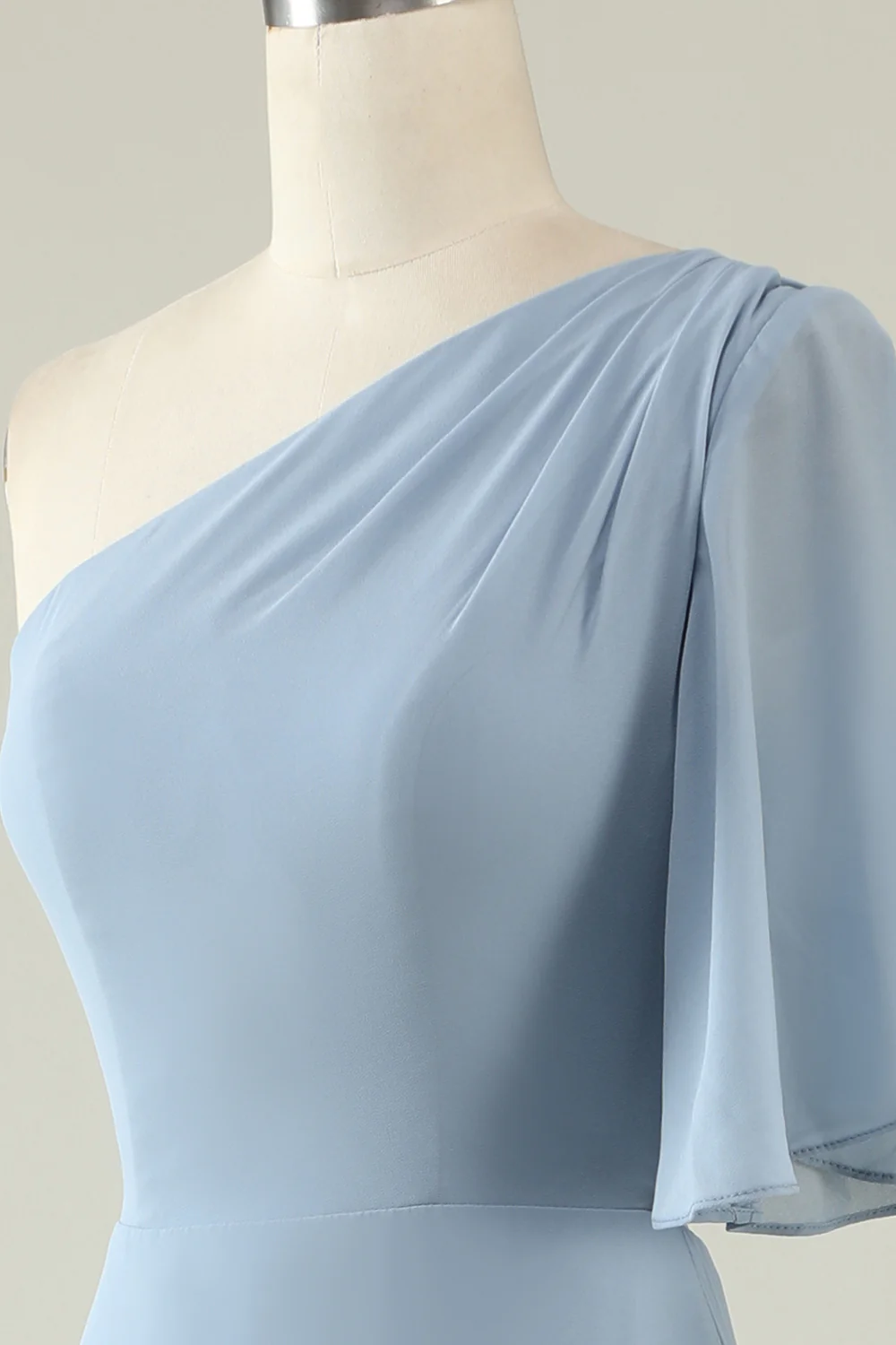 Grey Blue One Shoulder Chiffon Boho Bridesmaid Dress - JUORTHO