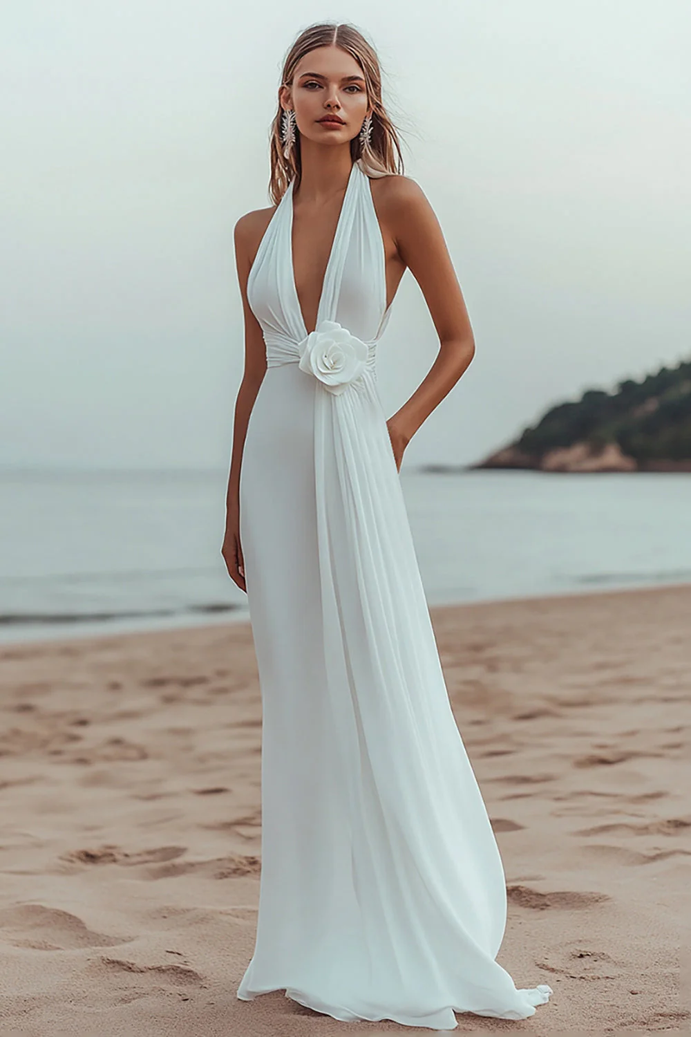 White A Line Deep V-Neck Long Engagement Dress - JUORTHO