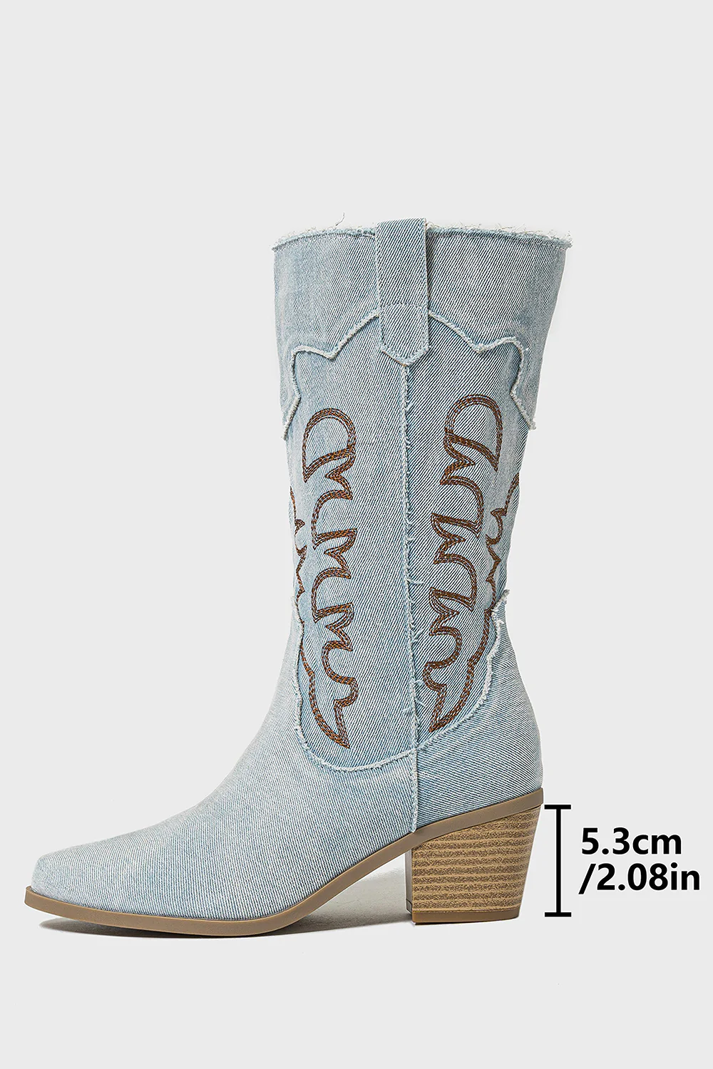 Dark Blue Embroidered Mid Calf Chunky Heel Cowgirl Boots - JUORTHO
