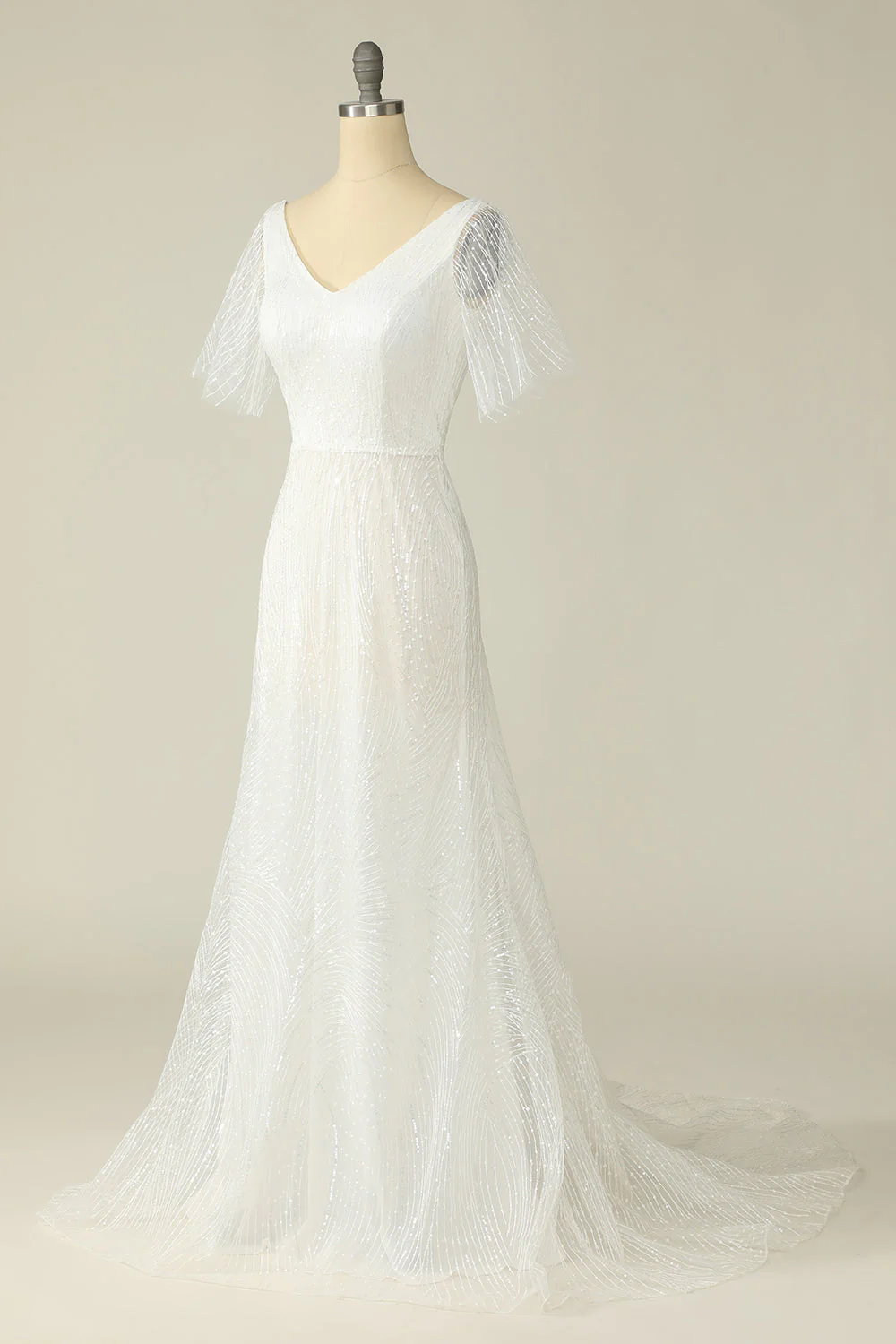 White V Neck Lace Wedding Dress - JUORTHO