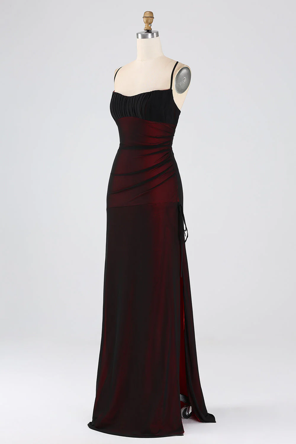 Black Red Spaghetti Straps Mermaid Pleated Long Bridesmaid Dress with Slit - JUORTHO
