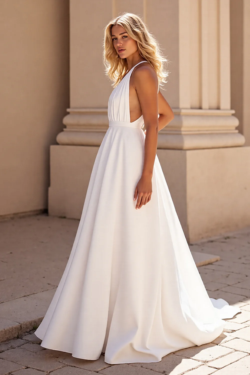 Simple Halter White Sweep Train Satin Wedding Dress - JUORTHO