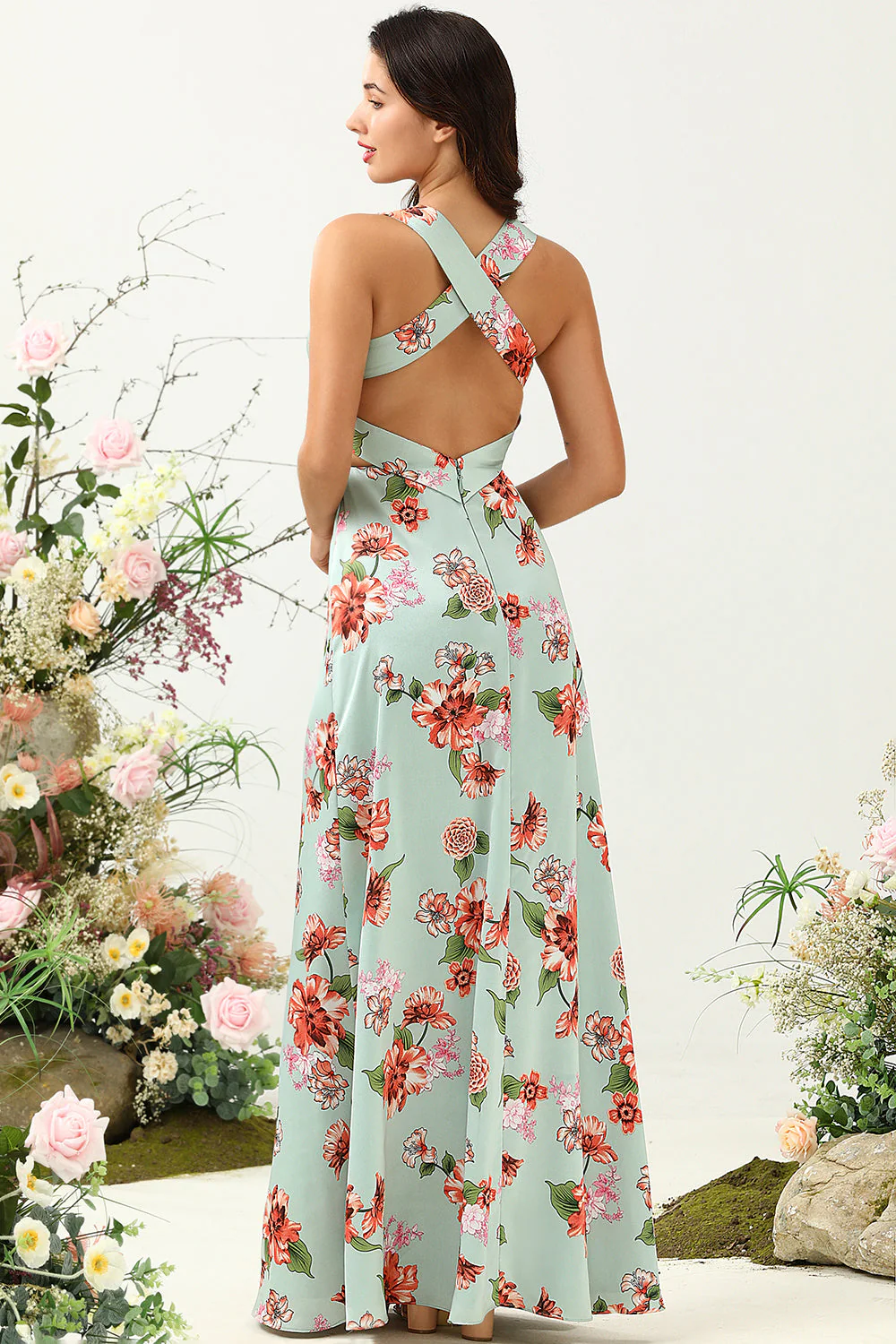 A Line Deep V Neck Green Printed Long Bridesmaid Dress - JUORTHO