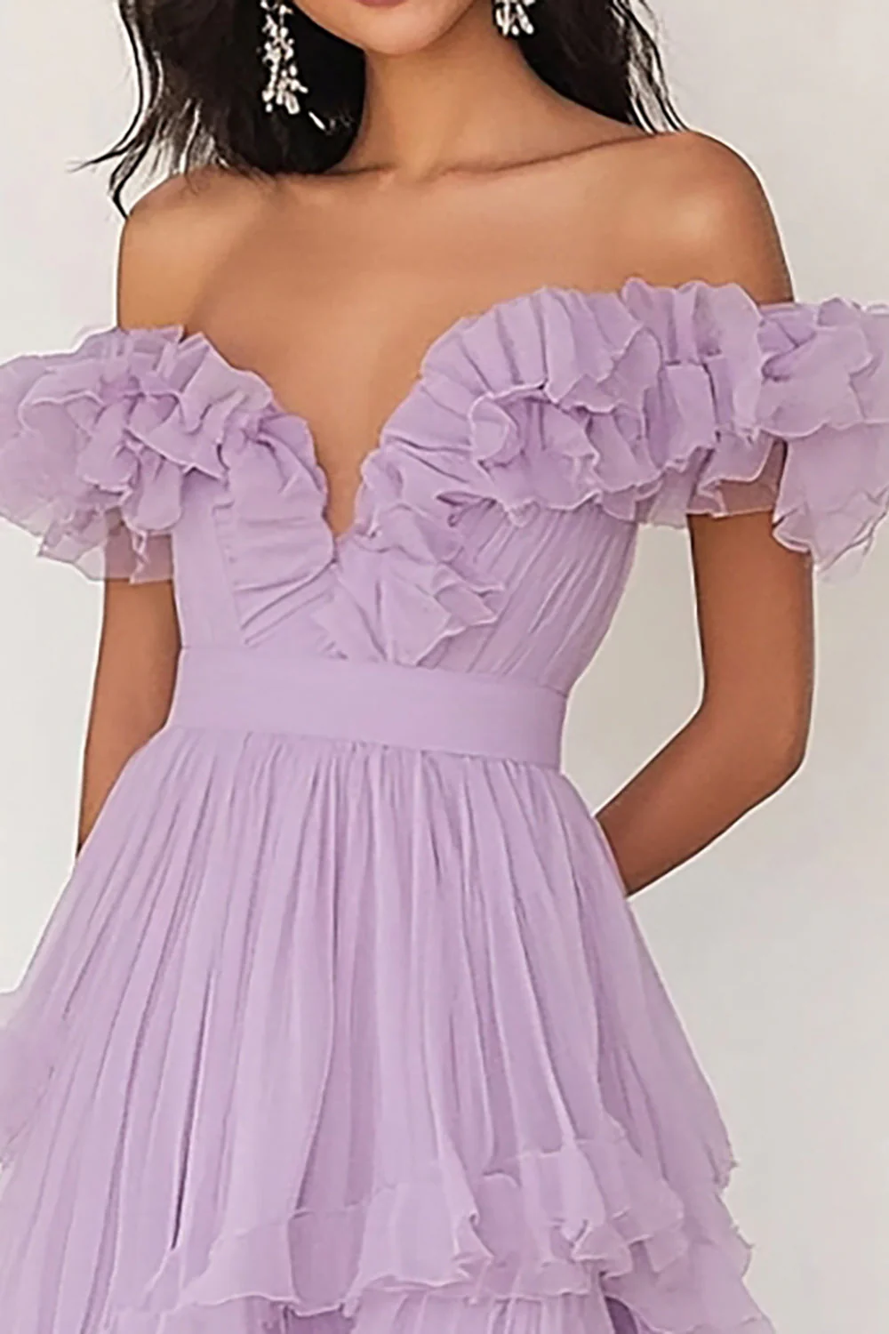 Lilac Chiffon A Line Long Off the Shoulder Prom Dress with Ruffles - JUORTHO