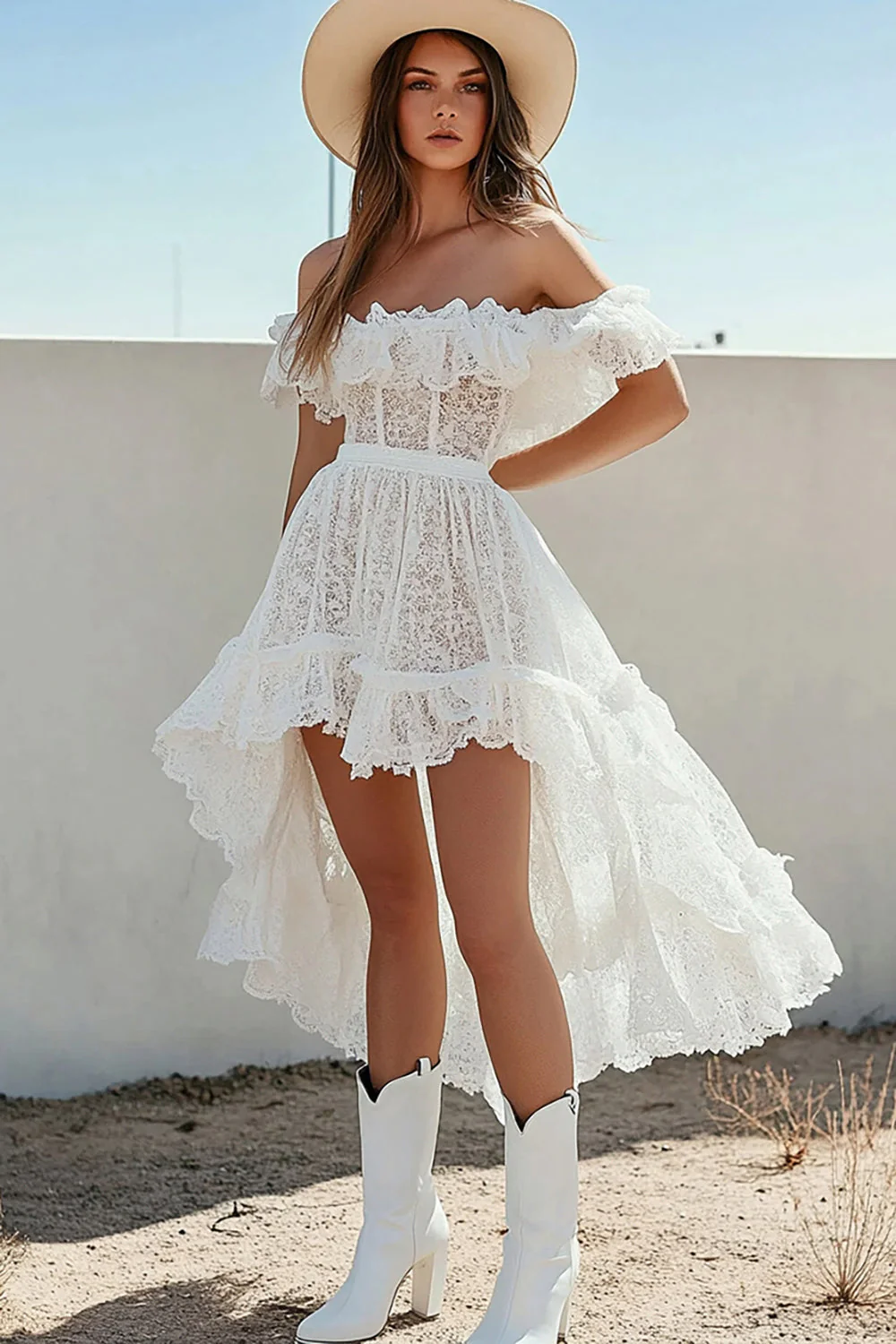 White Lace A Line Boho High-Low Graduation Dress with Ruffles - JUORTHO