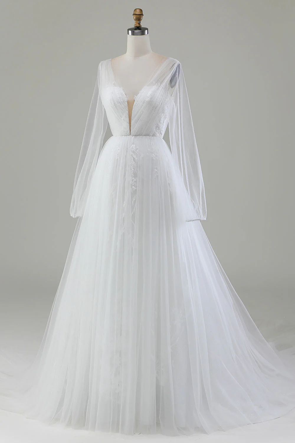 Ivory A-Line V-Neck Pleated Tulle Wedding Dress With Long Sleeves - JUORTHO